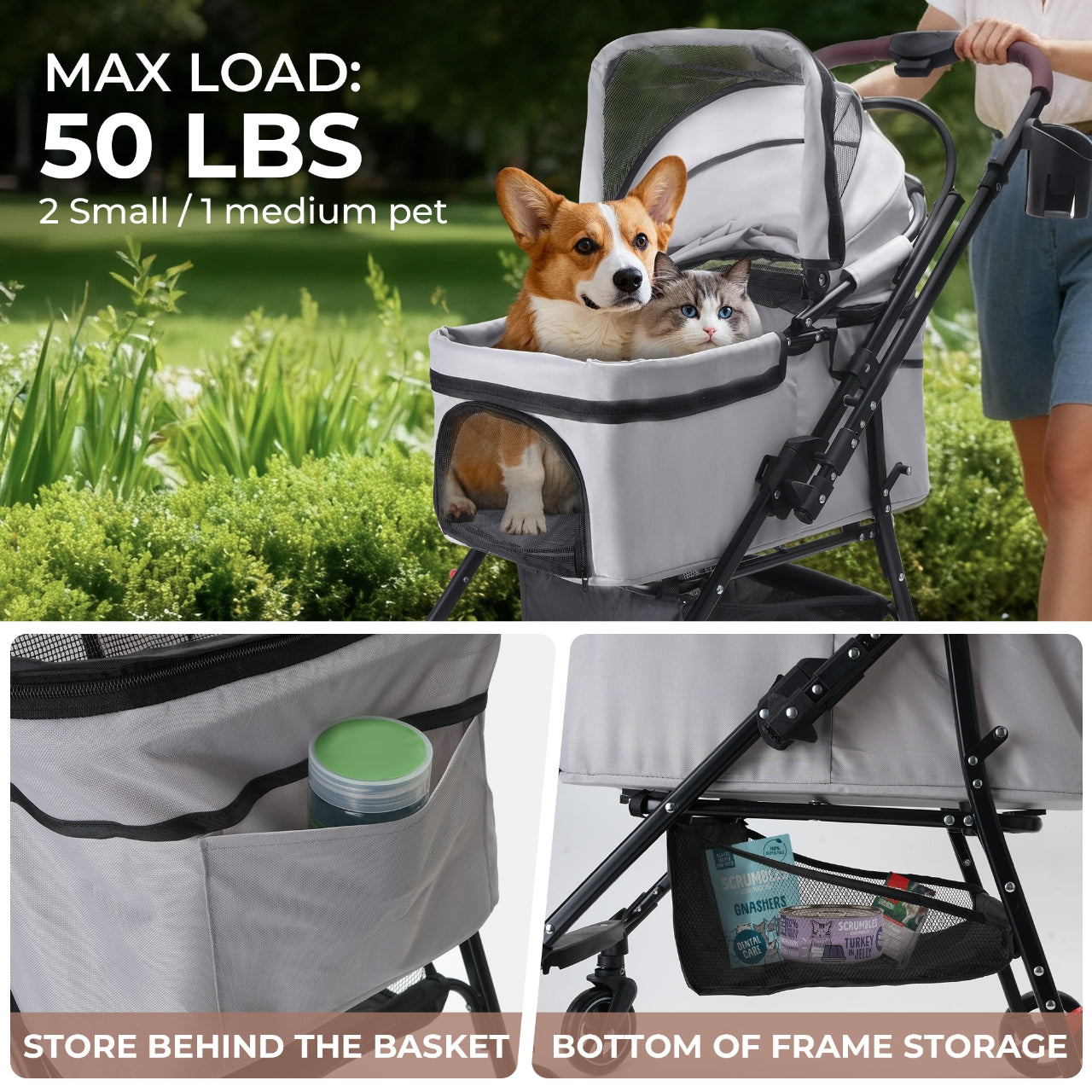4-Wheel Foldable Pet Stroller for Dogs & Cats 360° Rotating Wheels, Separable Carrier & Travel Bag for Small Animals