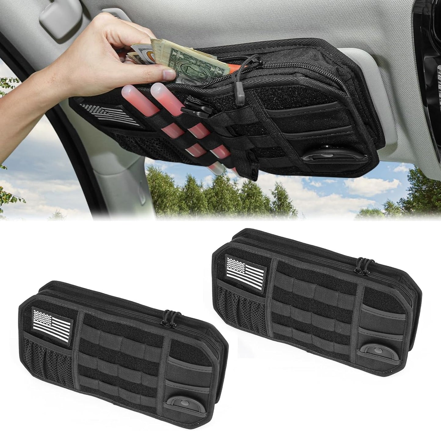 2 Packs Car Sun Visor Organizer, Car Organizer with Zipper Visor Organizer Storage Pouch, Glasses Clip, Card Holder, Molle Panel for Tactical Gears, for Most Vehicles, SUVs & Trucks