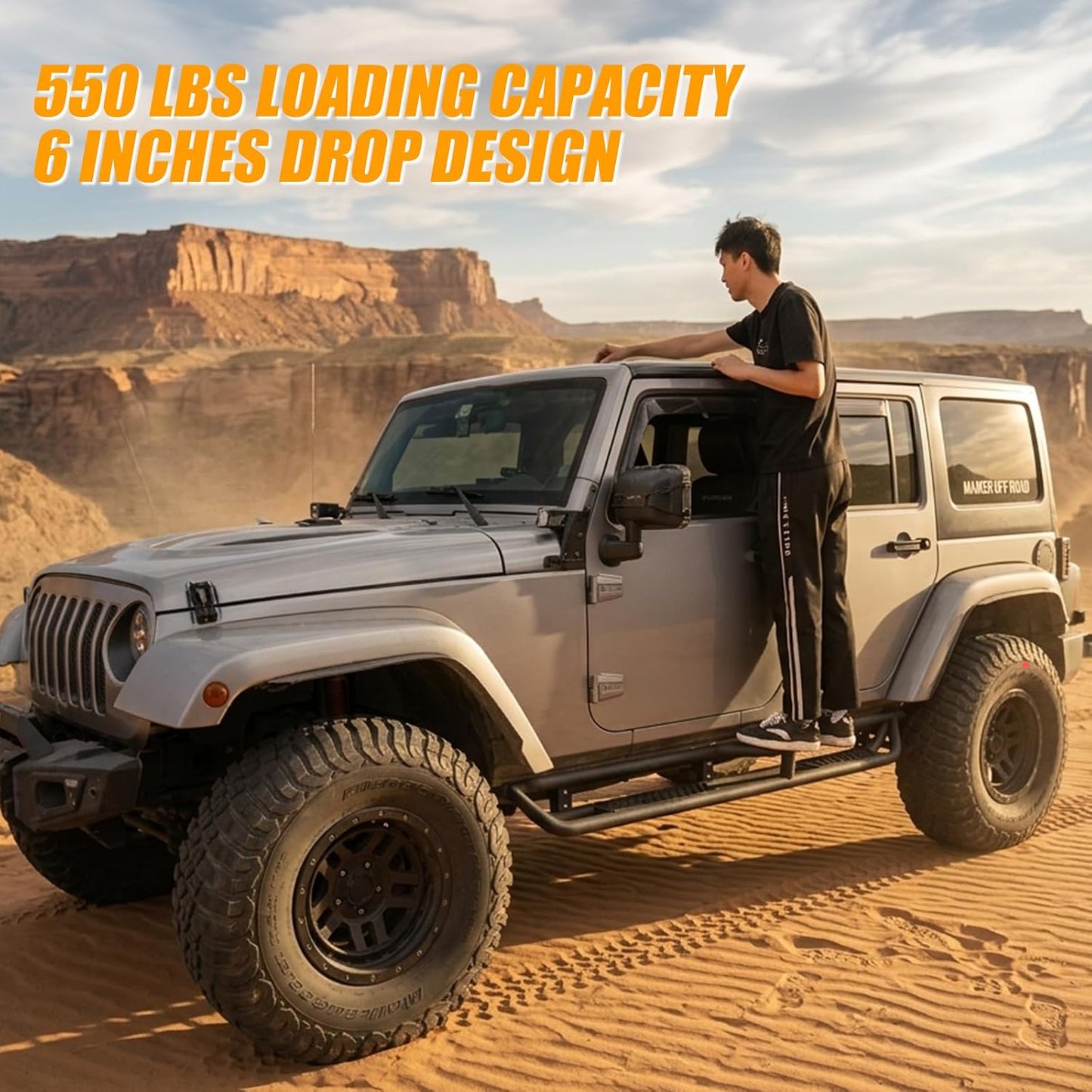 Running Boards Compatible with Jeep Wrangler JKU 2007-2018 4 Doors, 2-Stairs Stepped Drop Side Step Coated Black Carbon Steel Nerf Bars