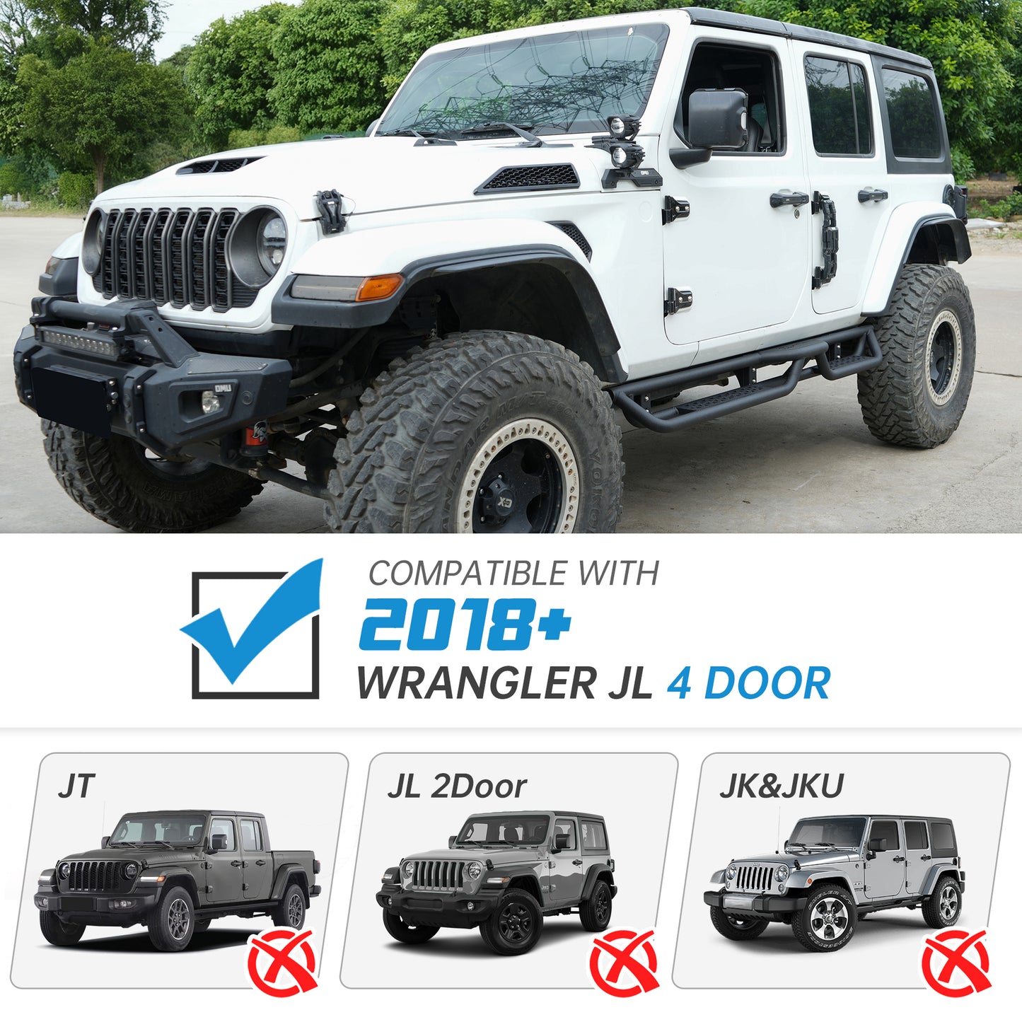 Coated Black Carbon 6-Inch 2-Stairs Side Step Rails Step Bars Steel Nerf Bars Running Boards Compatible with Jeep Wrangler JL 4 Doors 2018-2025 For Off-Road Protection Direct Bolt-On Installation