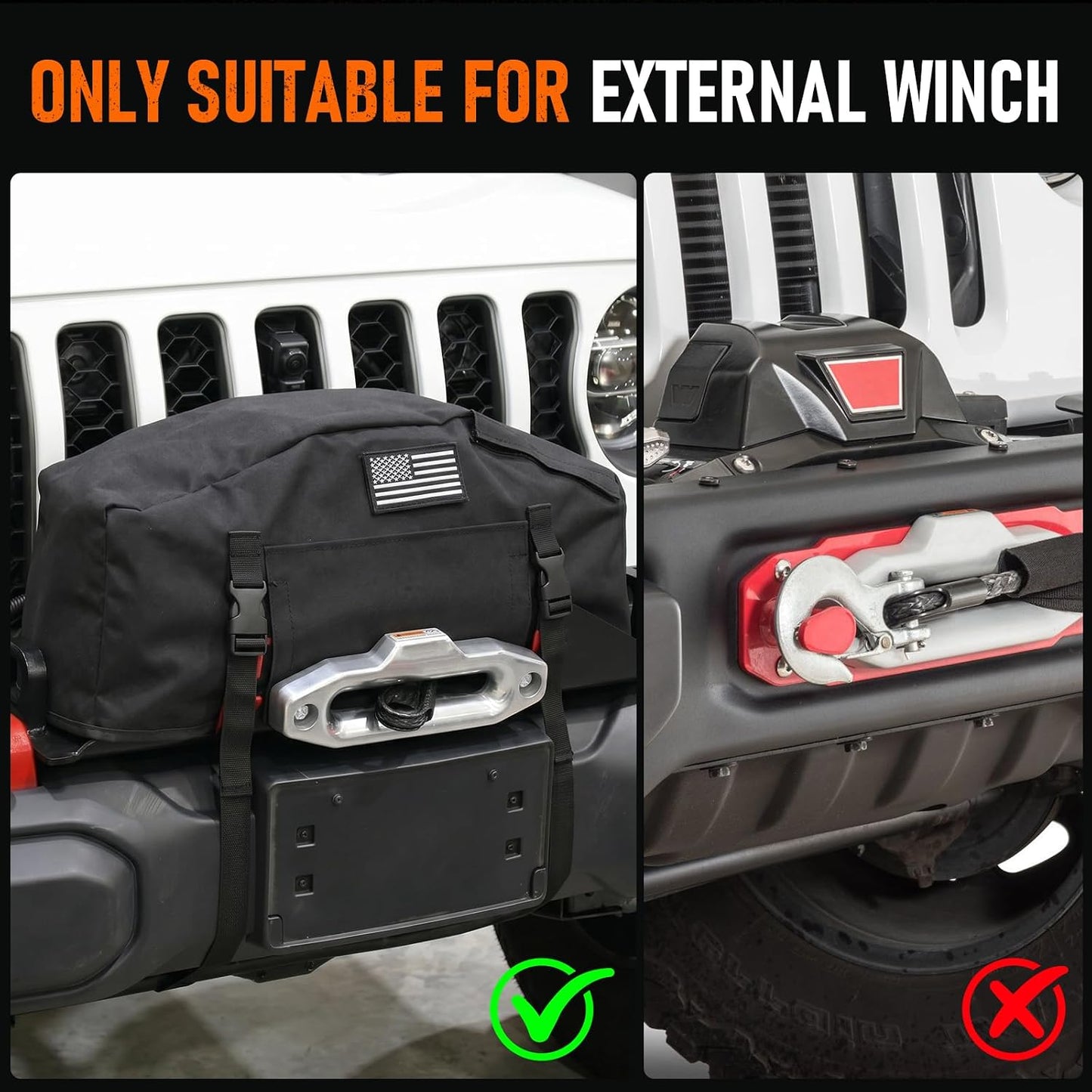 MAIKER 900D Waterproof Winch Cover with DIY Patch Design, Heavy-Duty Universal Dust Protector for 8500-17500 Lbs Winches, Top and Front Hook & Loop Openings with Adjustable Buckle Straps,Black
