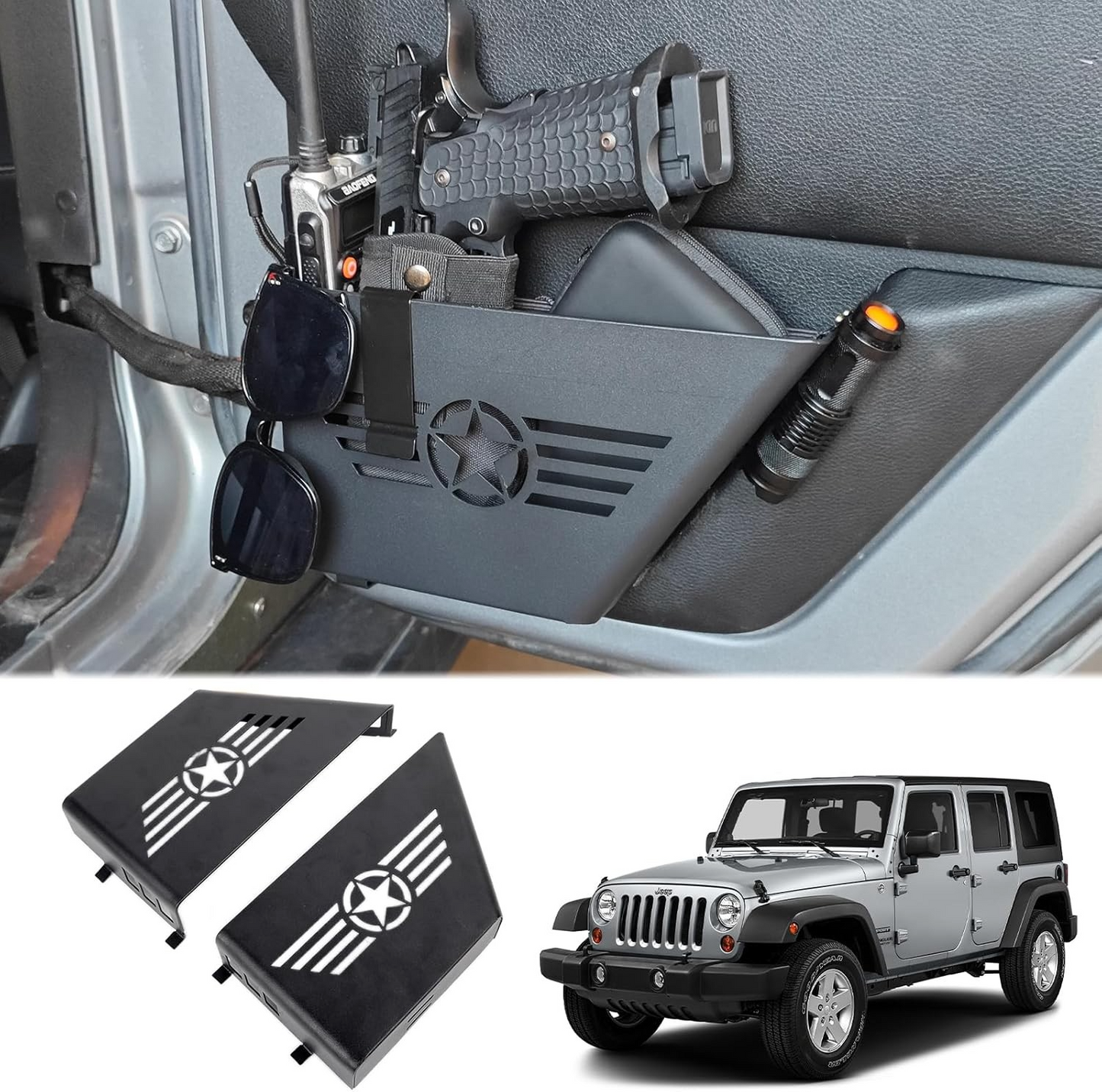 FUNY Metal Rear Door Storage Box, Door Side Insert Organizer Box Pockets for 2007-2018 Jeep Wrangler JK JKU 4 Door 2pcs