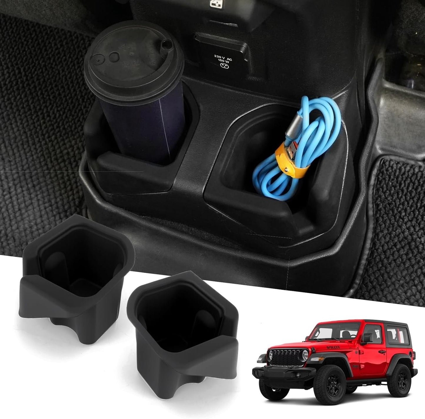Rear Cup Holder Coaster Compatible with 2018-2024 Jeep Wrangler JL JLU 4XE & 2020-2024 Gladiator JT 4 Door, Silicone Cup Holder Mat Pad Insert CupHolder Liner