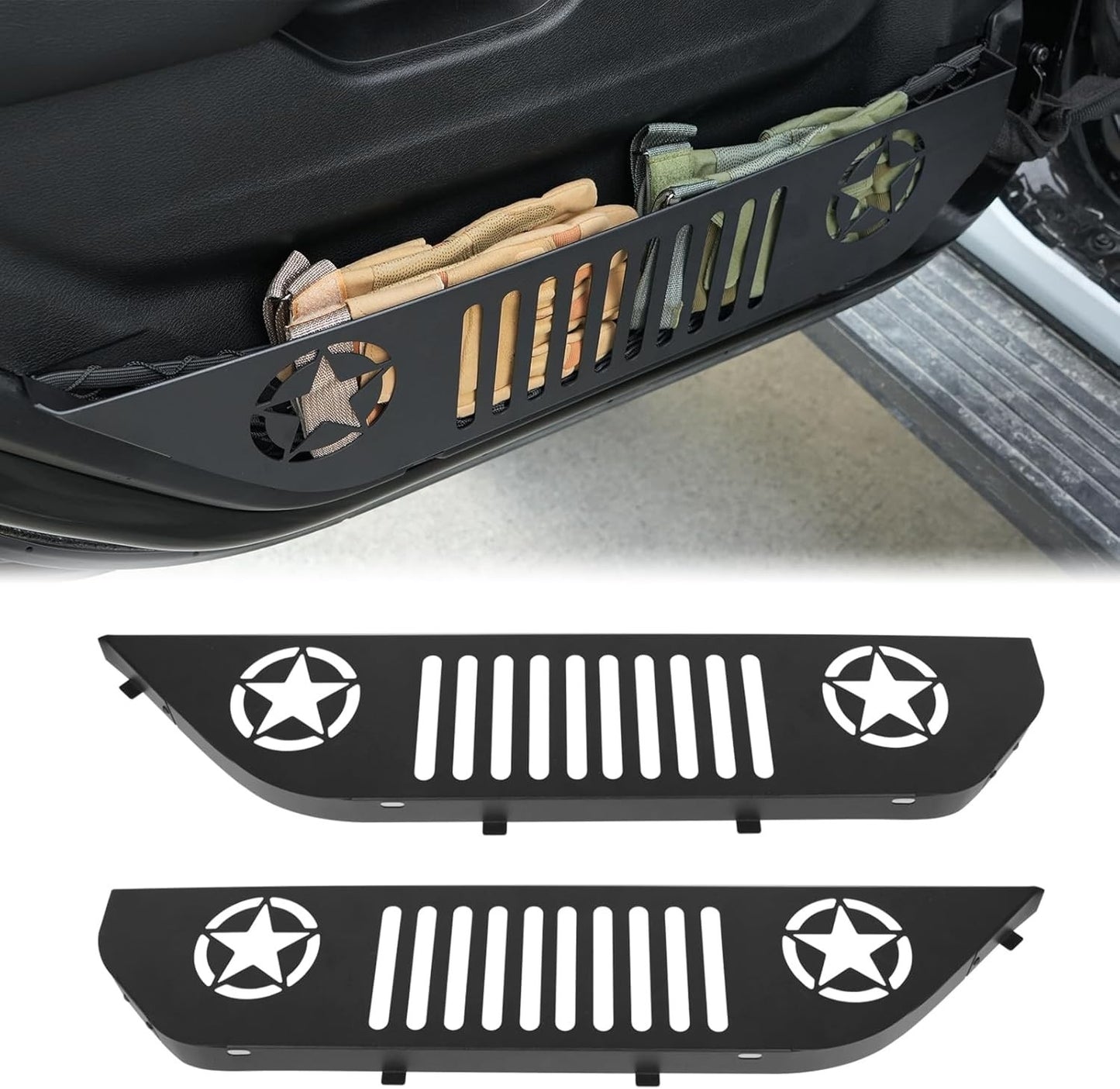 Metal Front Pocket Storage with Cup Holder Compatible with 2018-2025 JL JLU & Gladiator JT, Door Organizer Panel, Matte Black Finish, 2pc