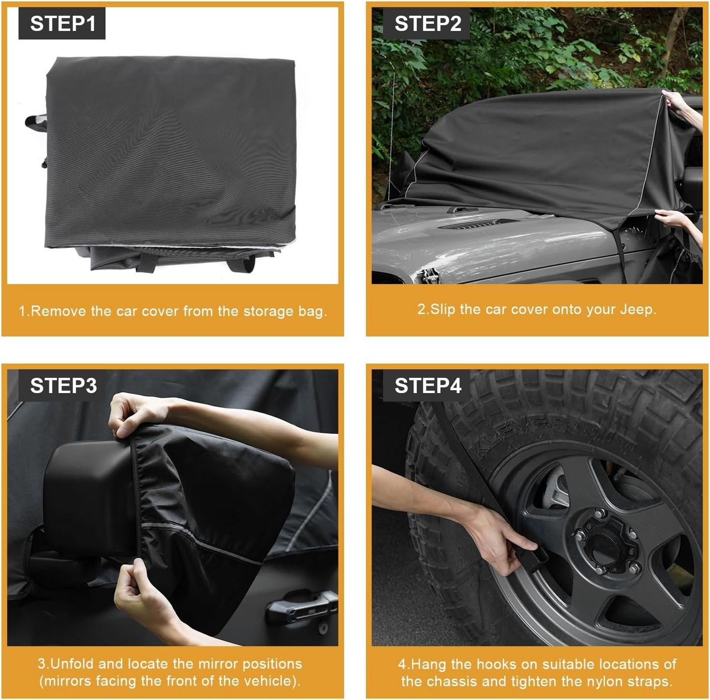 Guina Windshield & Front Side Window Cover Compatible wirh Jeep Wrangle JL JT 18-24, 600D Oxford Cloth Windshield Cover with Mirror Cover for Sun, Rain, Sand, Dust, Leaves, Branches Protection