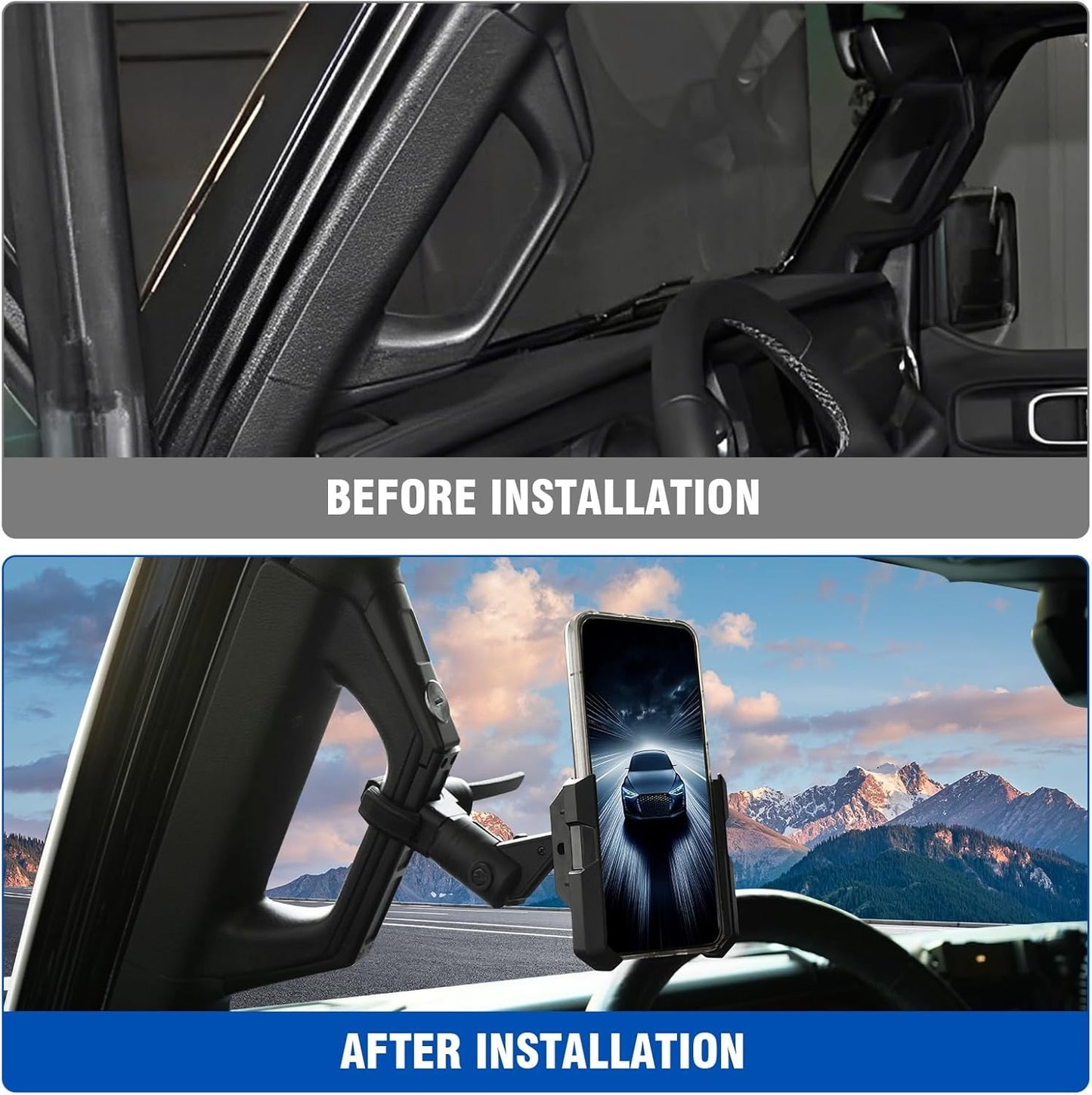 A Pillar Grab Handle Phone Mount Adjustable Direction Mobile Phone Holder Compatible with Jeep/Bronco/F-150/F-250/F-350/Chevrolet Silverado/GMC Sierra/Dodge Ram/Land Cruiser Fit for iPhone 14 15 16