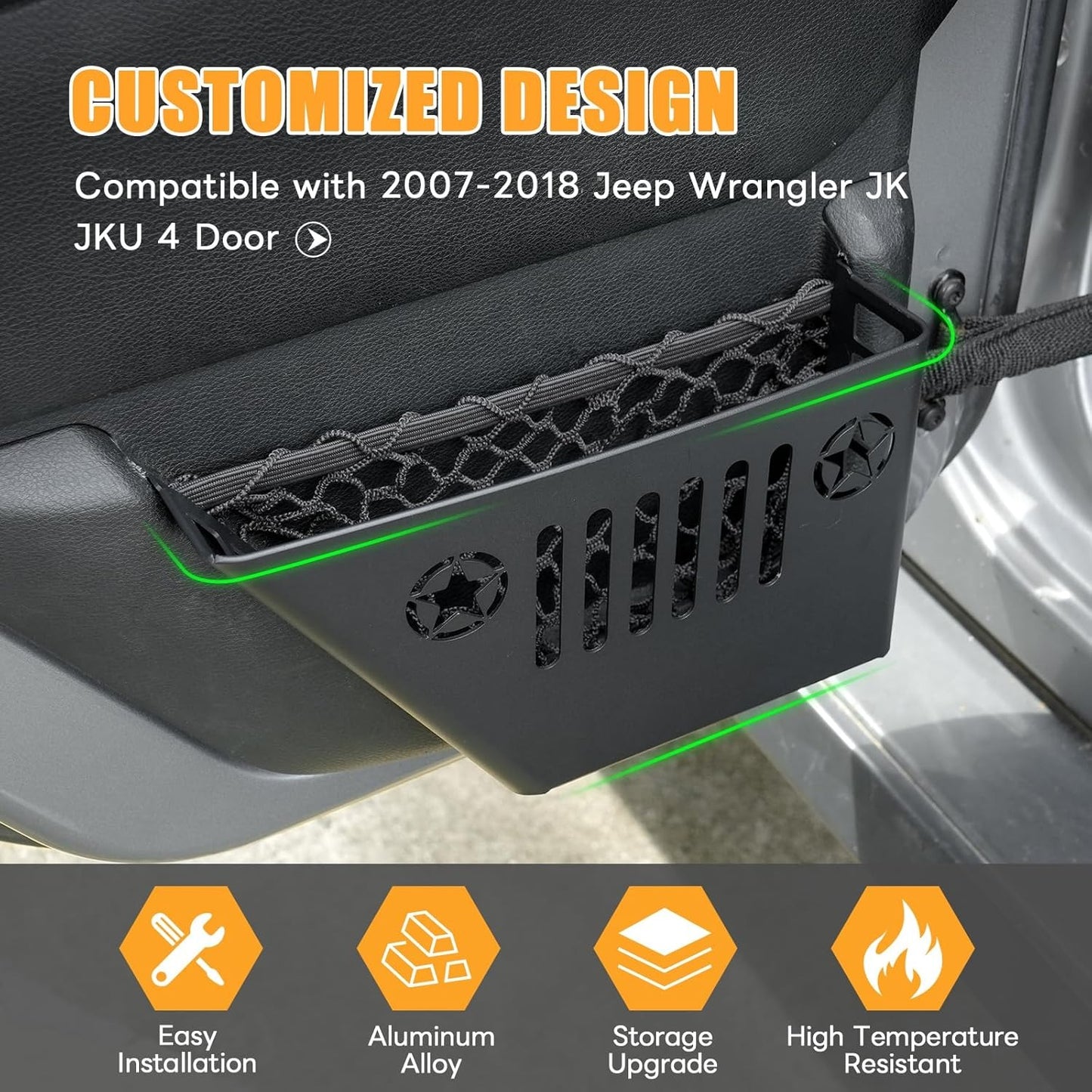 Rear door storage box Compatible with 2007-2018 Jeep Wrangler JK, Door Side Insert Organizer Box Metal Door Net Pocket Replacement Door Organizer Panel, 2pc