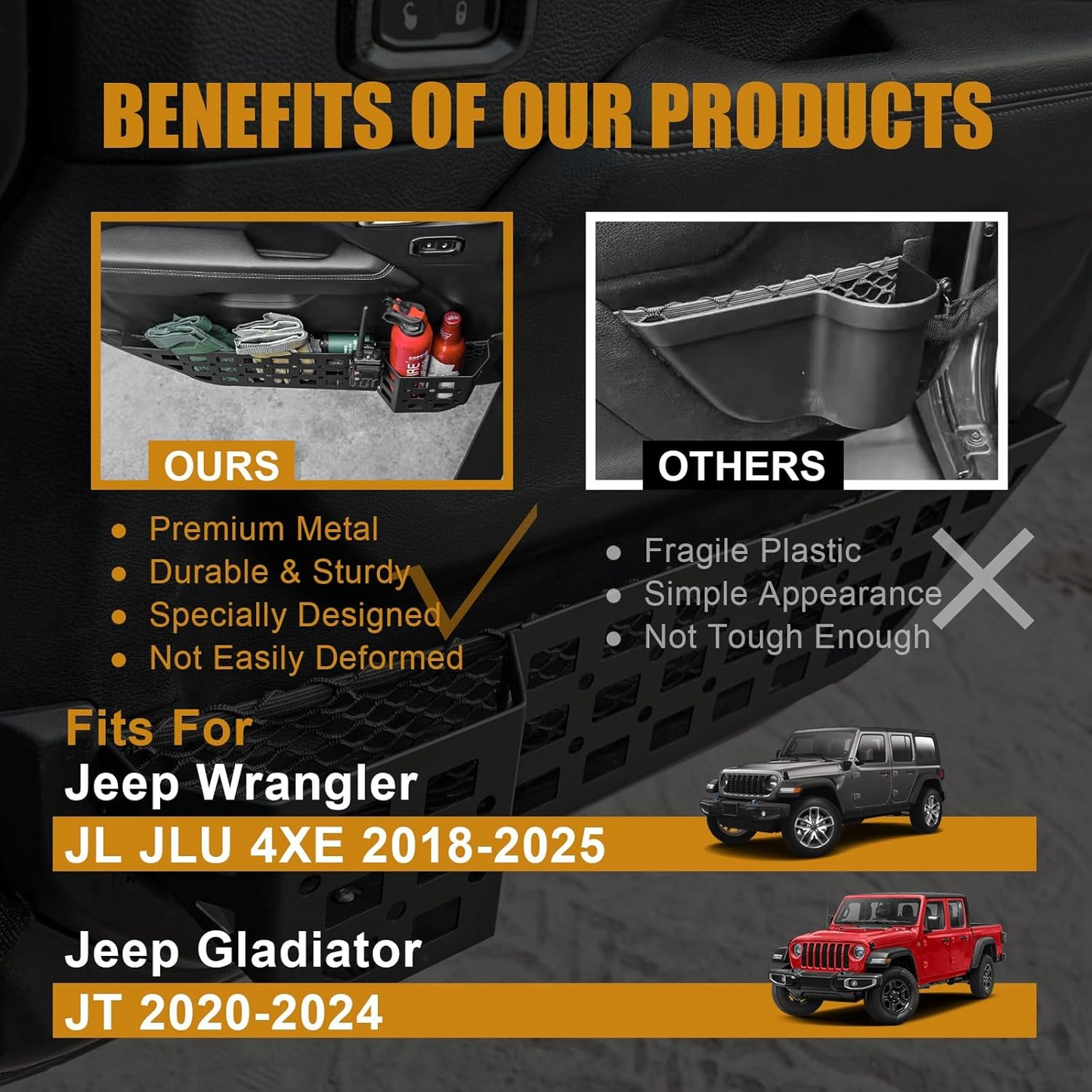 Guina Front Door Organizer Tray and Storage Box Compatible with Jeep Wrangler JL JLU 4XE 2018-2025 & Gladiator JT 2020-2025 Accessories | Aluminum Door Side Insert Organizer with Tactical Design
