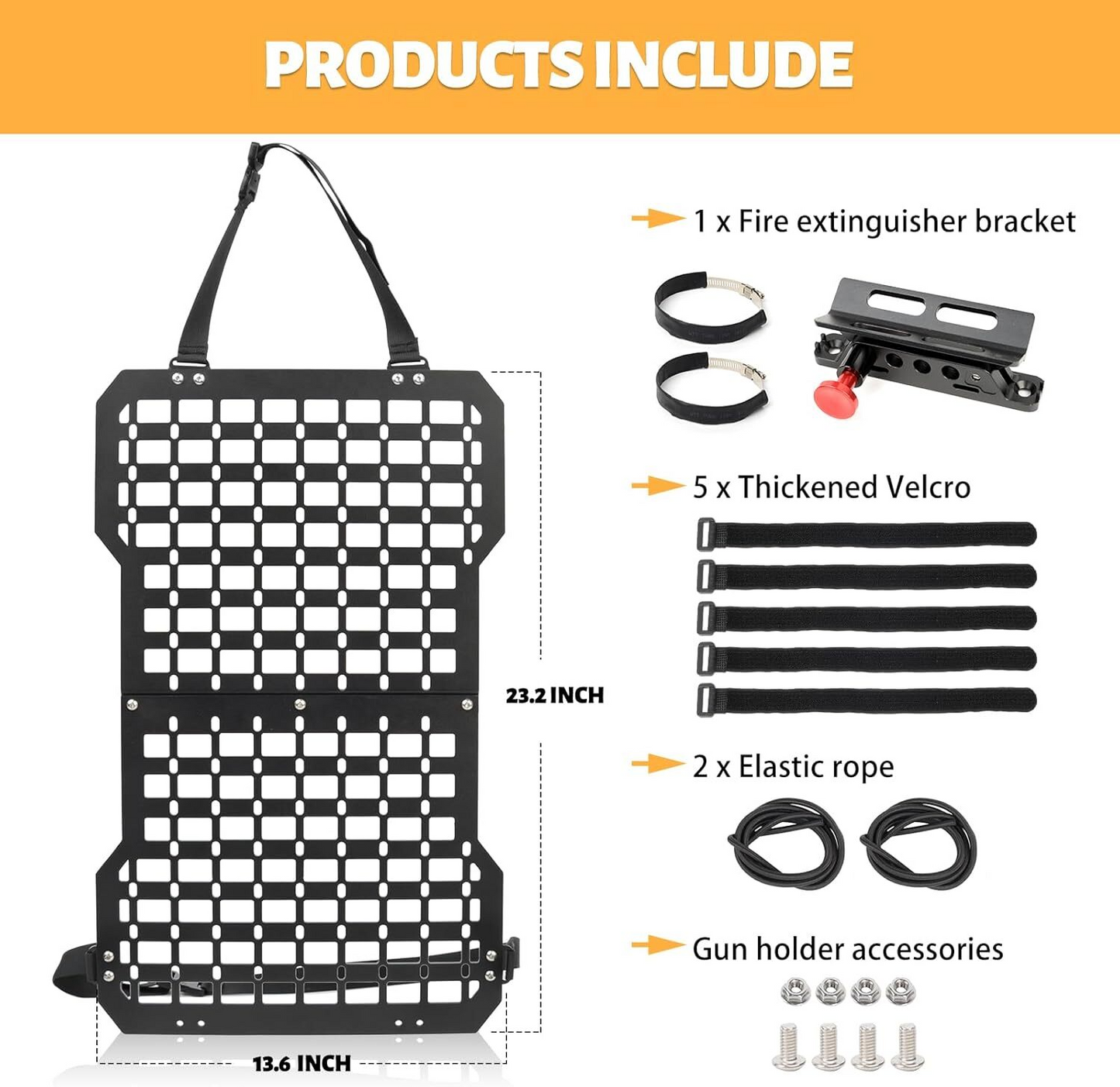 Rigid Molle Panels For Vehicles Truck Mount Rack Panel with Fire Extinguisher Mout & Hook and Loop Fasteners & Elastic Rope Tactical Seat Back Organizer Adjustable Versatile Panel