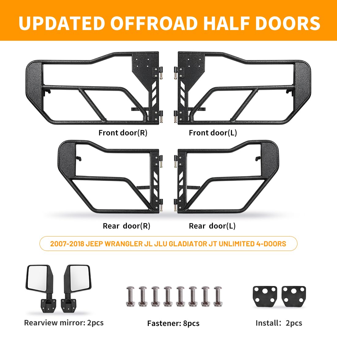 Tubular Half 4 Doors with Side View Mirrors, Off-Road Steel Doors for Summer Trail Adventure(18-24 Jeep wrangler JL JLU, 20-24 Gladiator JT)