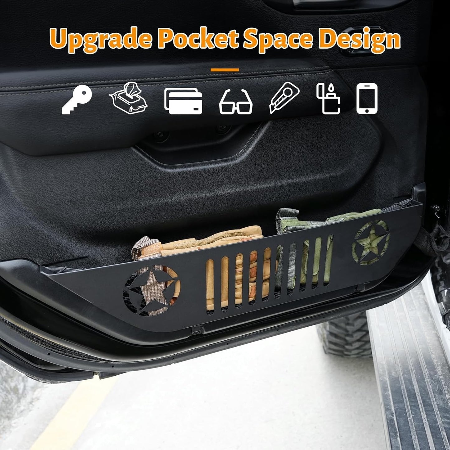 Metal Front Pocket Storage with Cup Holder Compatible with 2018-2025 JL JLU & Gladiator JT, Door Organizer Panel, Matte Black Finish, 2pc