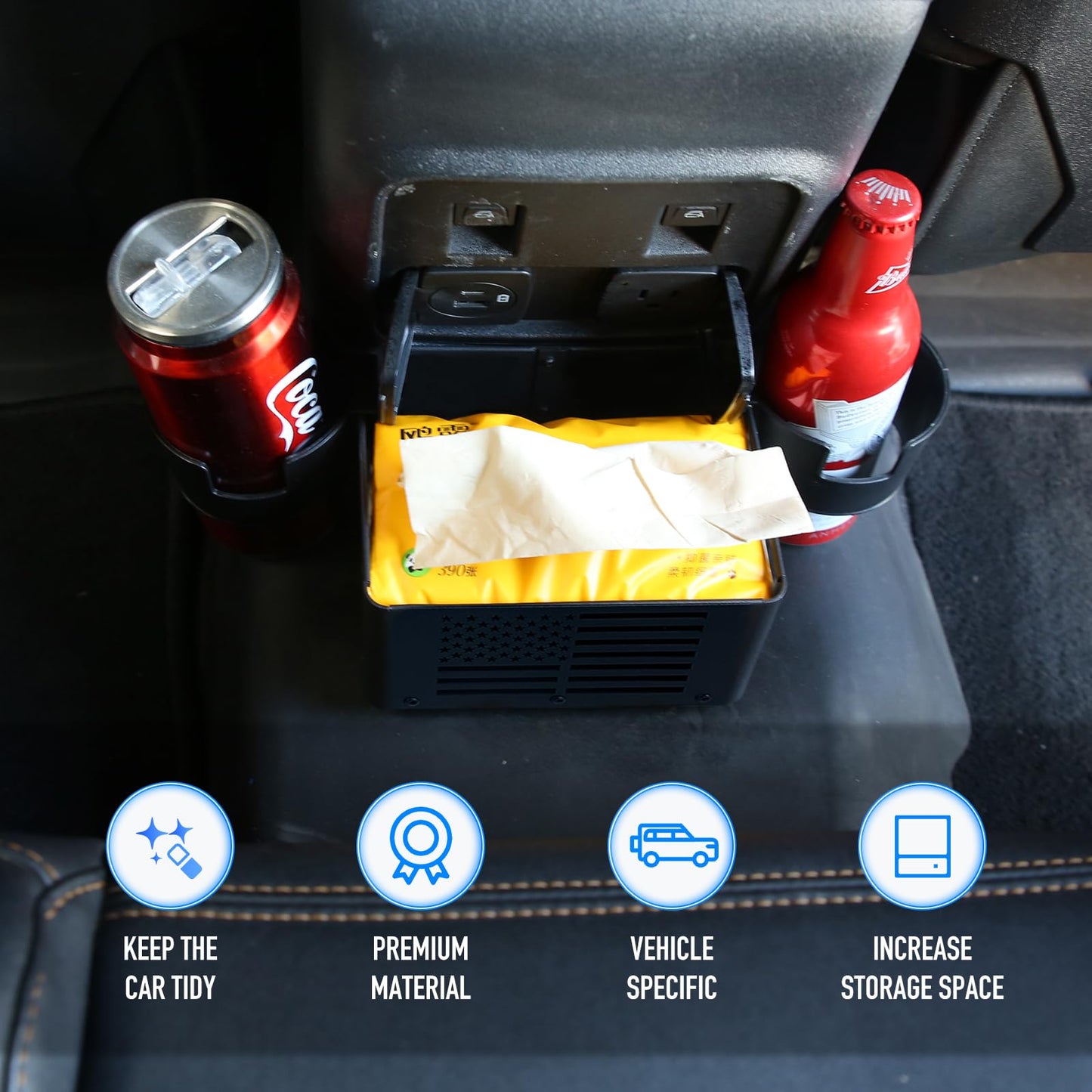 Rear Seat Cup Holder Floor Console Storage Box US Flag (21-23 Ford Bronco 2021 2022 2023 2/4 Door, Not Sport)