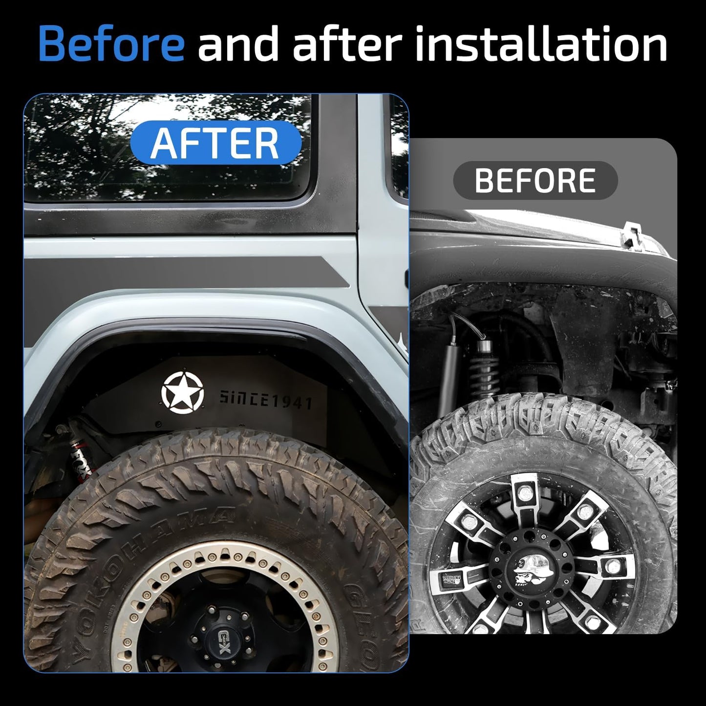 4PC Front & Rear Inner Fender Liners Wheel Cover ith Light & Star Logo (18-24 Jeep Wrangler JL JLU)