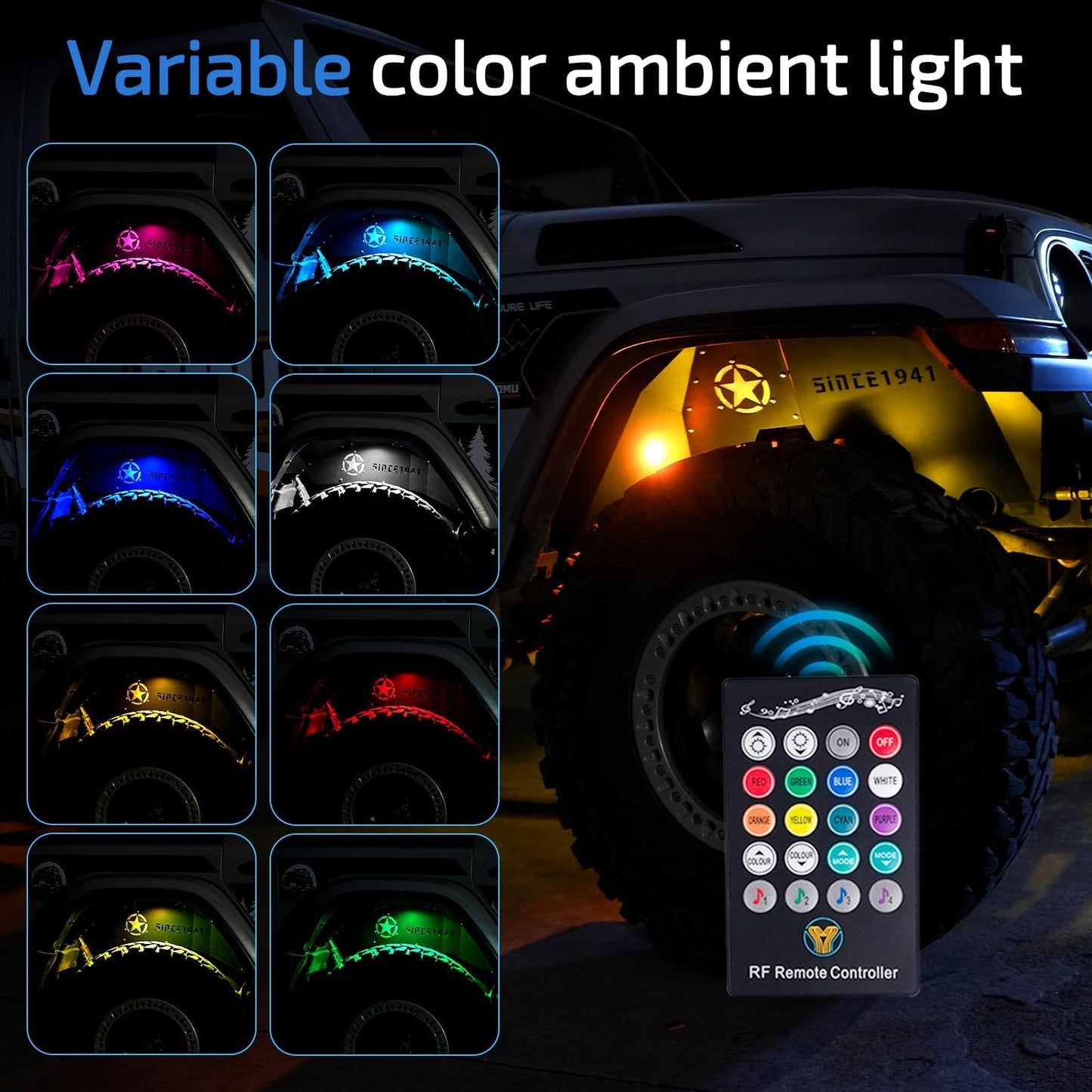 4PC Front & Rear Inner Fender Liners Wheel Cover ith Light & Star Logo (18-24 Jeep Wrangler JL JLU)