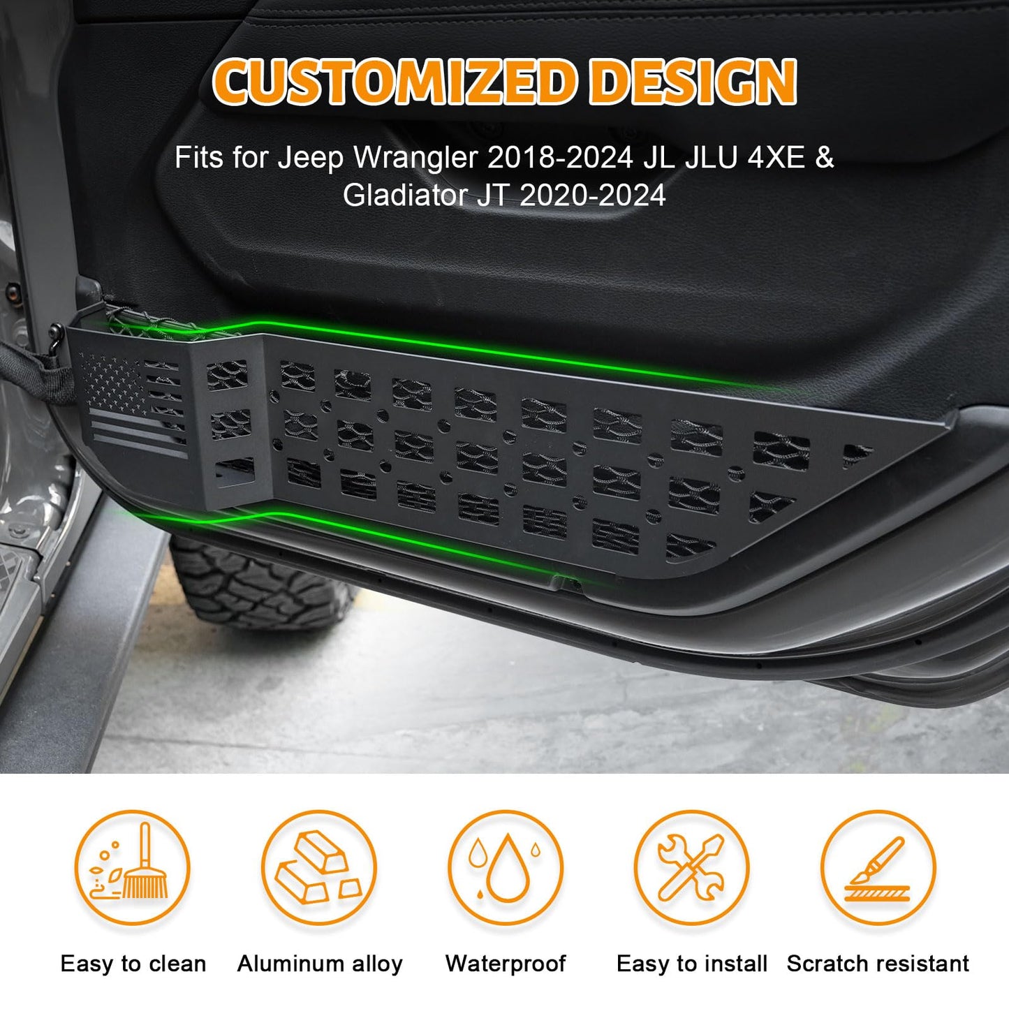 2 Pieces US Flag Metal Front Door Storage Box Side Insert Organizers Box for Replace Sagging Nets (18-24 Jeep Wrangler JL JLU 4XE & 20-24 Gladiator JT)