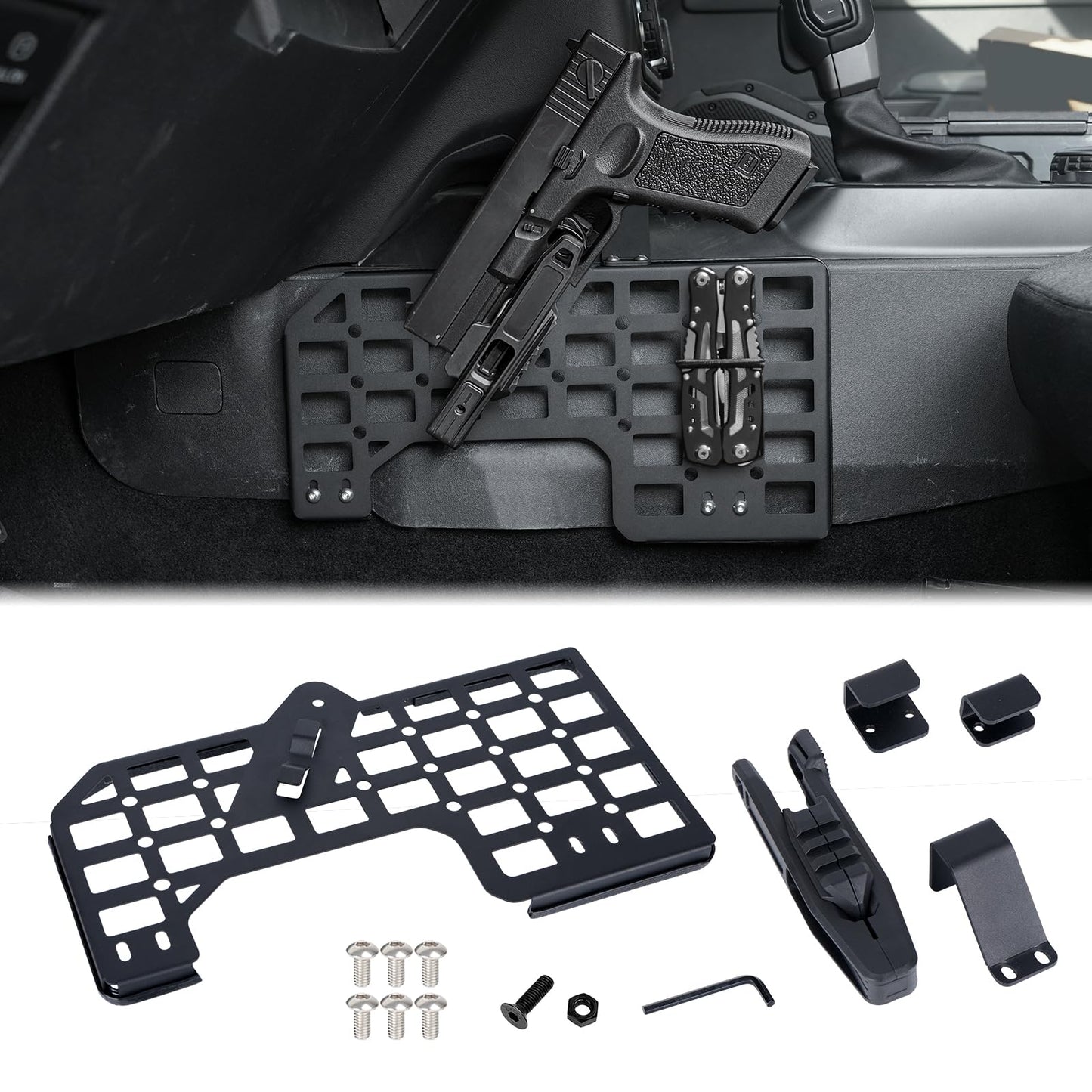 Gun Holder with Molle Panel (21-25 Ford Bronco), Polymer Fast Holster, Center Console Metal Pistol Holster Available for Glock 9mm/SW40/357/G17/G19/P320