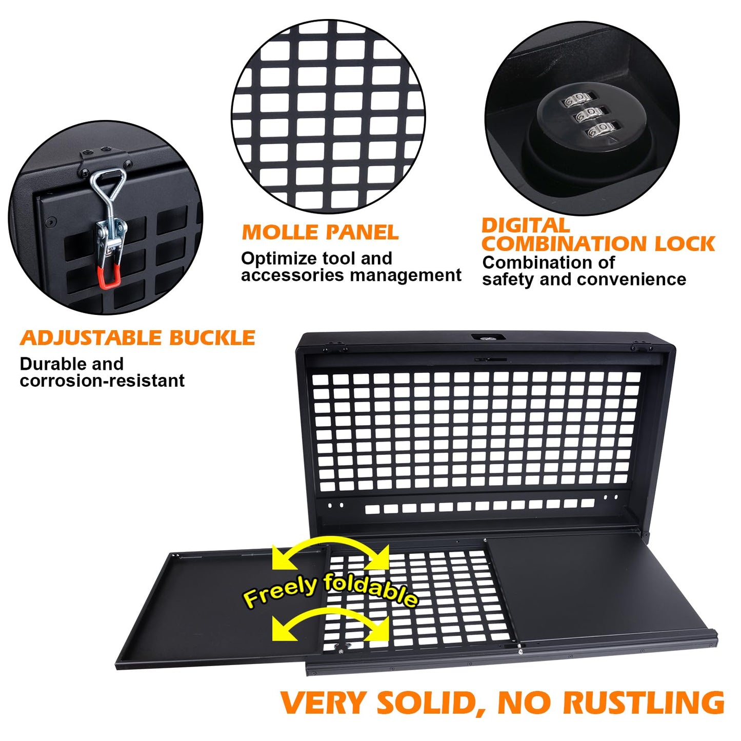 Tailgate Table Storage Lock Box Multi-Functional Rear Foldable Table Cargo Shelf Storage Molle Panel Camping Desk (21-25 Ford Bronco, Not Fit Bronco Sport)