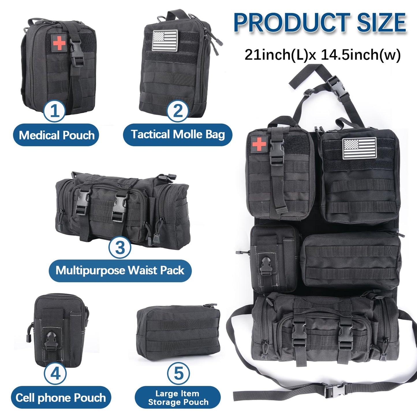 Tactical Molle Car Seat Back Organizer, Universal Vehicle Panel Organizer with 5 Multipurpose Detachable Molle Pouch for All Vehicle 