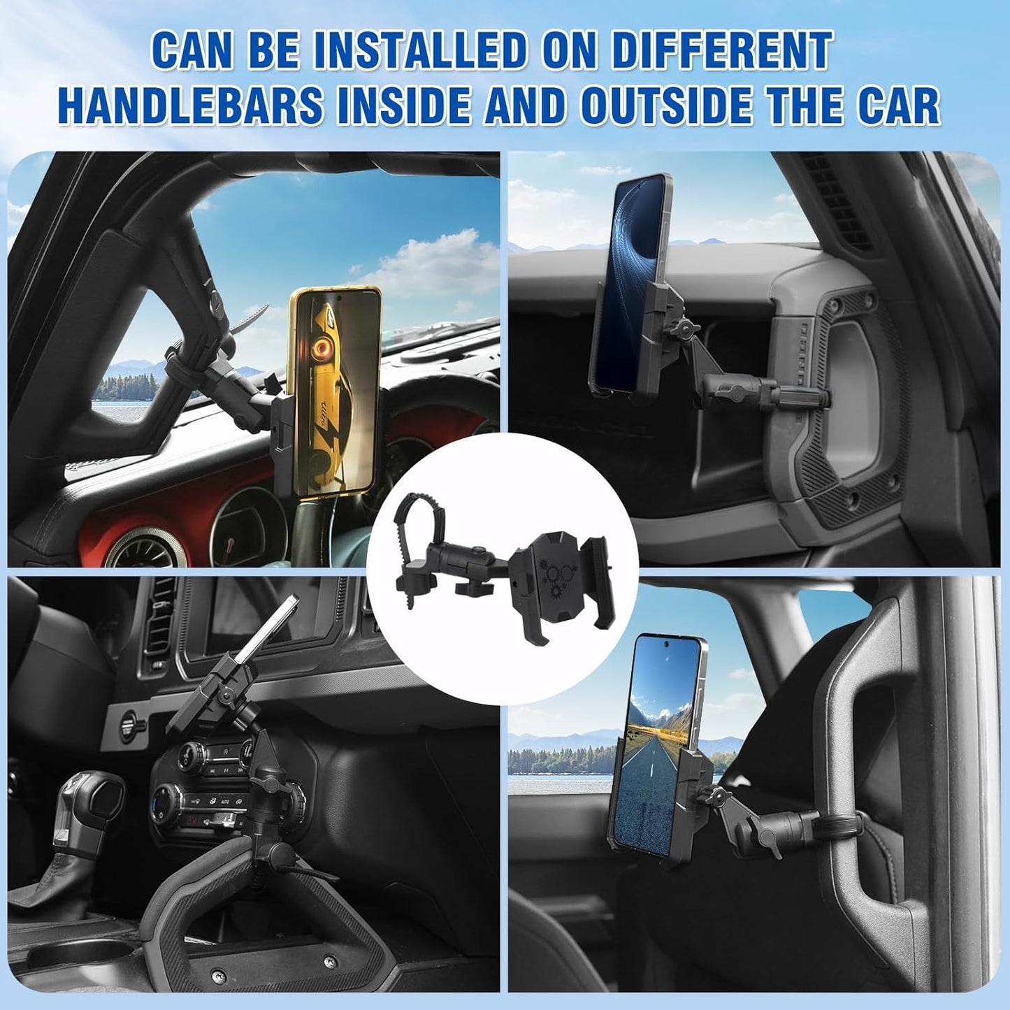 A Pillar Grab Handle Phone Mount Adjustable Direction Mobile Phone Holder Compatible with Jeep/Bronco/F-150/F-250/F-350/Chevrolet Silverado/GMC Sierra/Dodge Ram/Land Cruiser Fit for iPhone 14 15 16