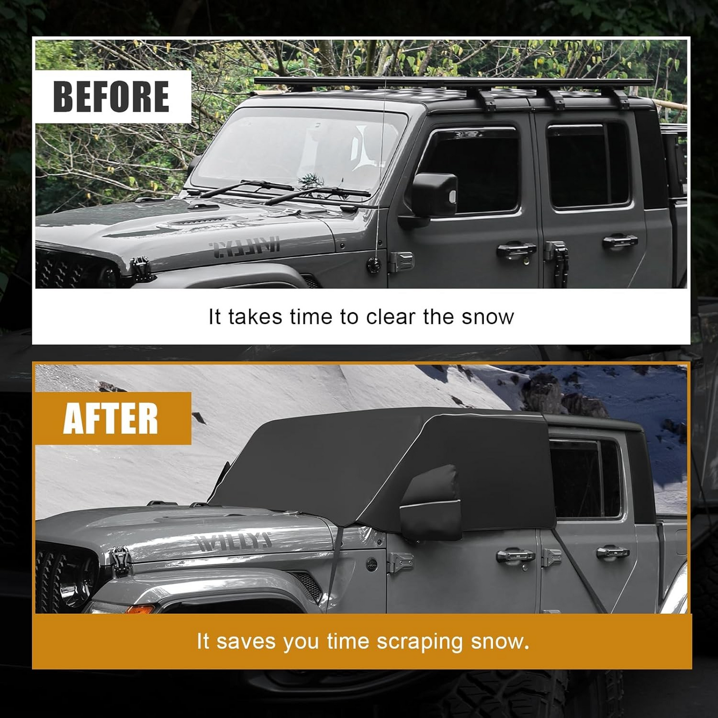 Guina Windshield & Front Side Window Cover Compatible wirh Jeep Wrangle JL JT 18-24, 600D Oxford Cloth Windshield Cover with Mirror Cover for Sun, Rain, Sand, Dust, Leaves, Branches Protection
