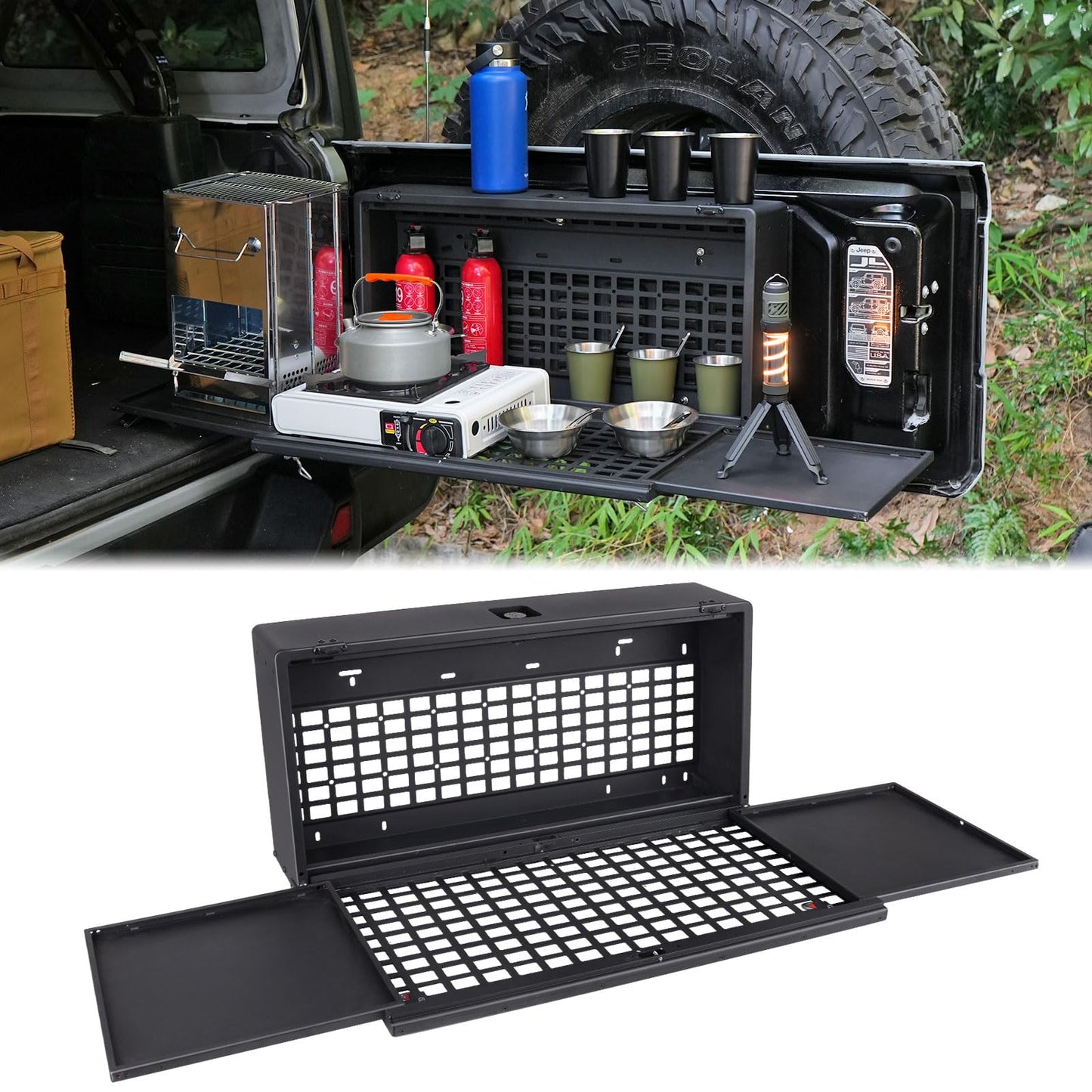 Multi-Functional Rear Foldable Table Cargo Shelf Storage Molle Panel Camping Desk (07-18 Jeep Wrangler JK JKU / 18-24 Jeep Wranger JL JLU)