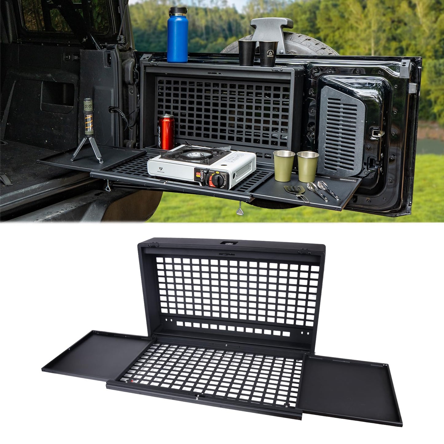 Tailgate Table Storage Lock Box Multi-Functional Rear Foldable Table Cargo Shelf Storage Molle Panel Camping Desk (21-25 Ford Bronco, Not Fit Bronco Sport)