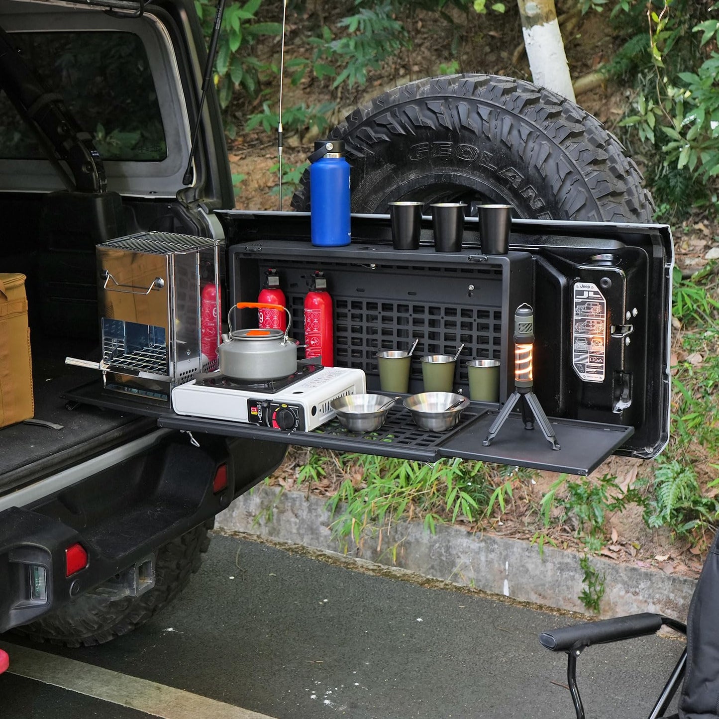 Multi-Functional Rear Foldable Table Cargo Shelf Storage Molle Panel Camping Desk (07-18 Jeep Wrangler JK JKU / 18-24 Jeep Wranger JL JLU)