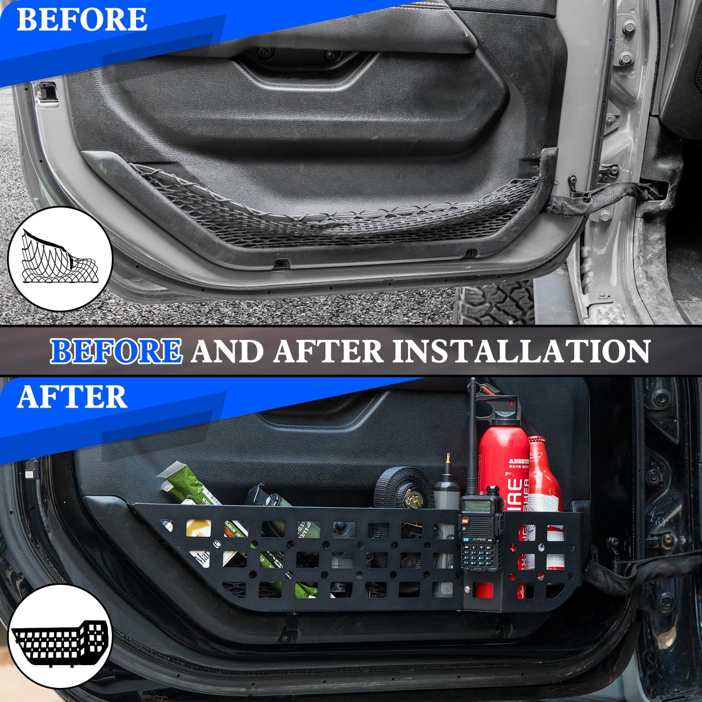 2PCMetal Front Door Storage Box Pockets (18-24 Jeep Wrangler JL JLU 4XE & 20-24 Gladiator JT, Not Fit Power Seats)