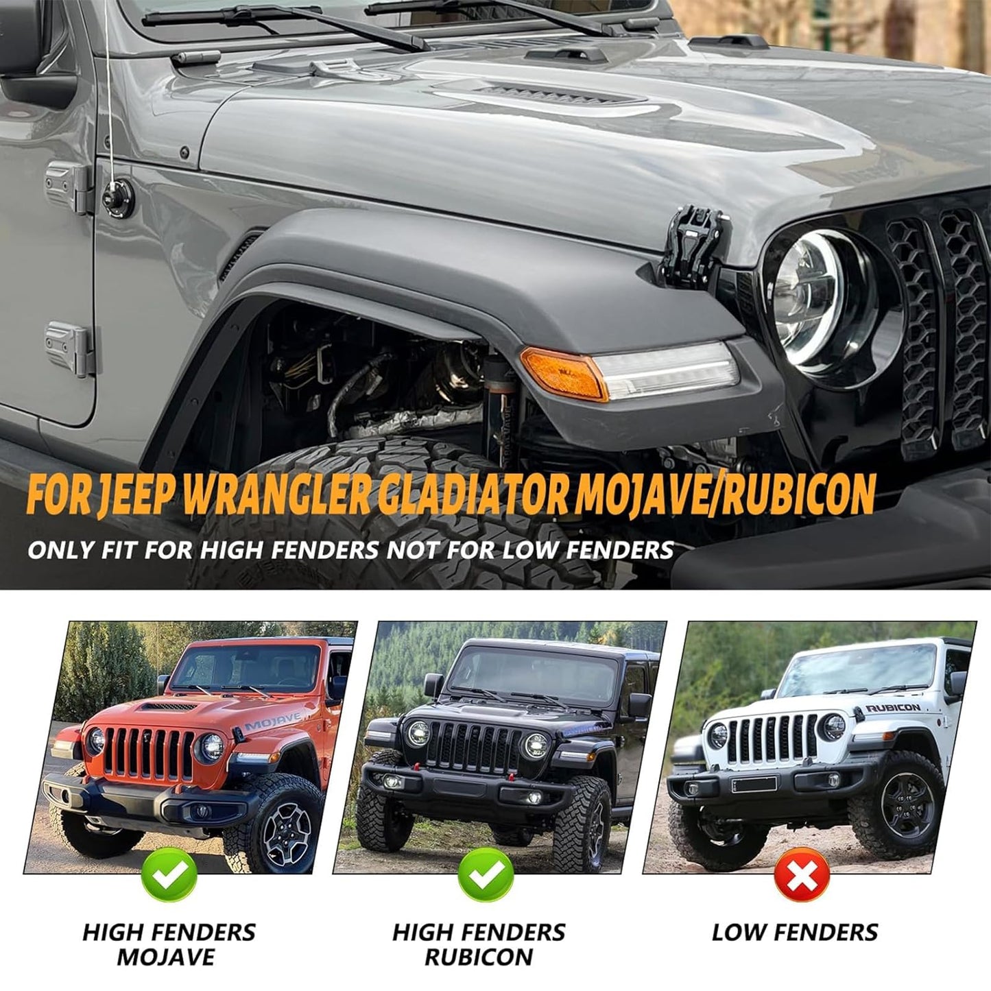 4 PCS Front & Rear Fender Flares Fender Trim Extension Protector (20-23 Jeep Gladiator JT Mojave & Rubicon, Only Fit High Clearance Fender Flares)