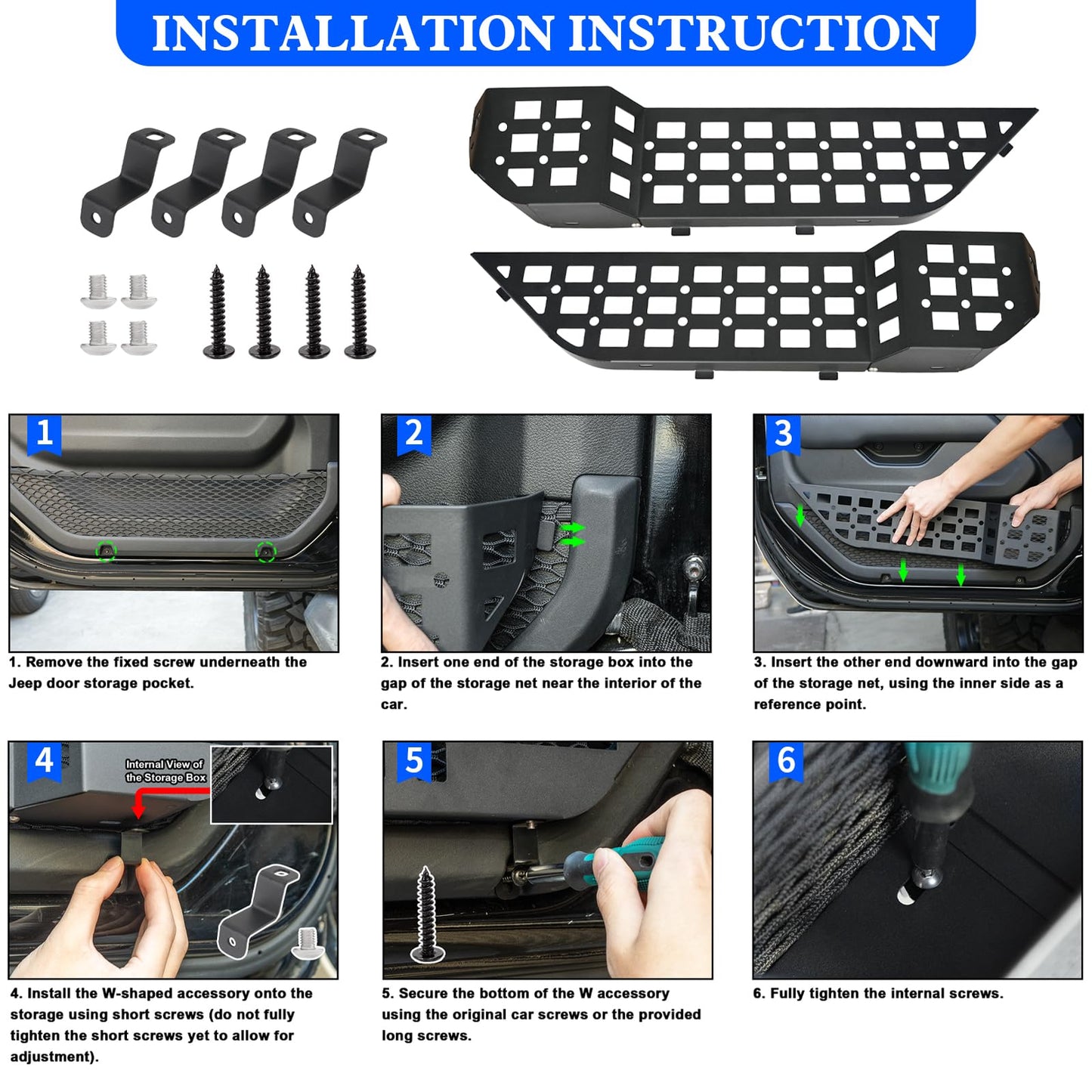 2PCMetal Front Door Storage Box Pockets (18-24 Jeep Wrangler JL JLU 4XE & 20-24 Gladiator JT, Not Fit Power Seats)