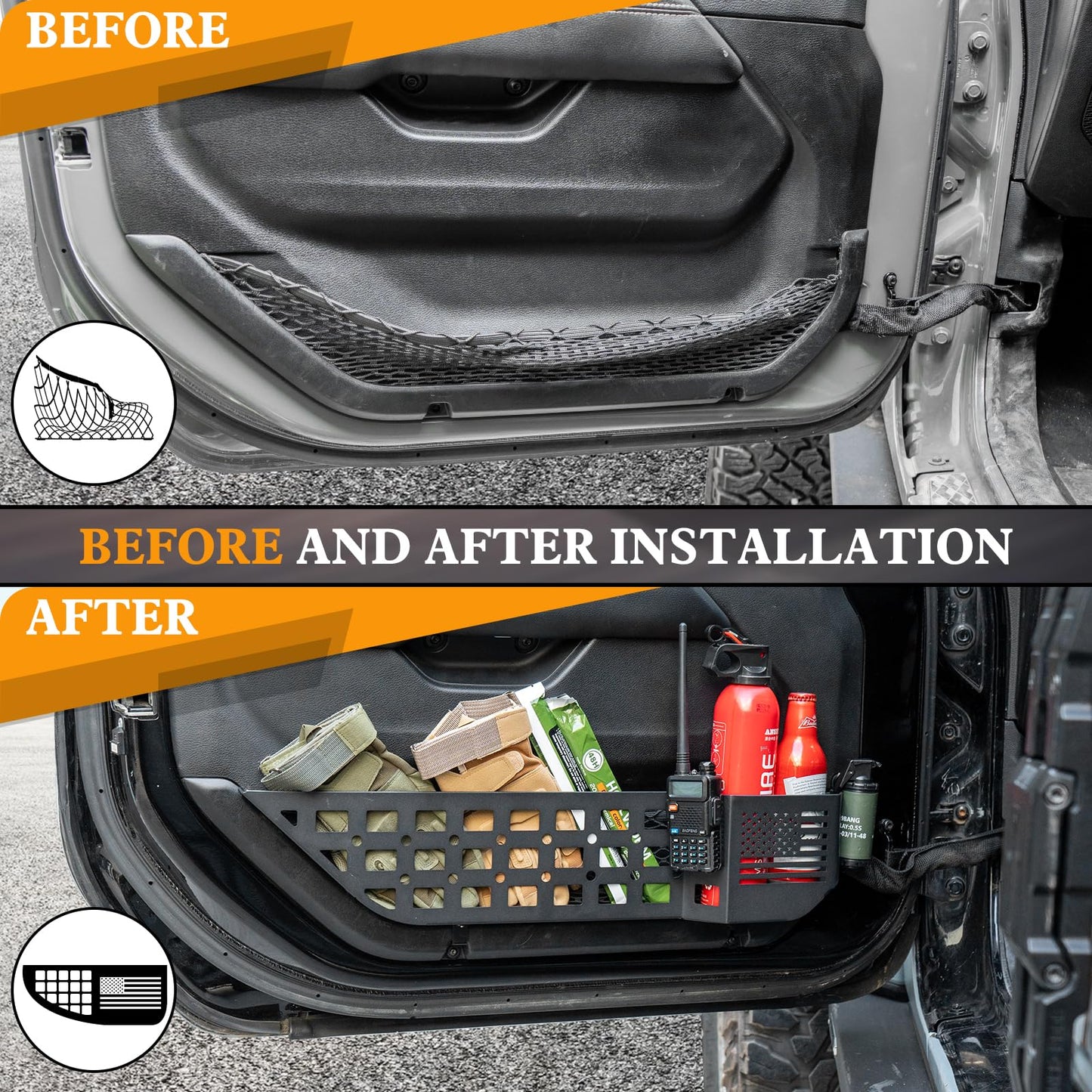 2PC Metal Front Door Pocket Storage Box (18-24 Jeep Wrangler JL JLU 4XE & 18-24 Gladiator JT & 20-24 Rubicon Sport Sahara, Not Fit Power Seats)