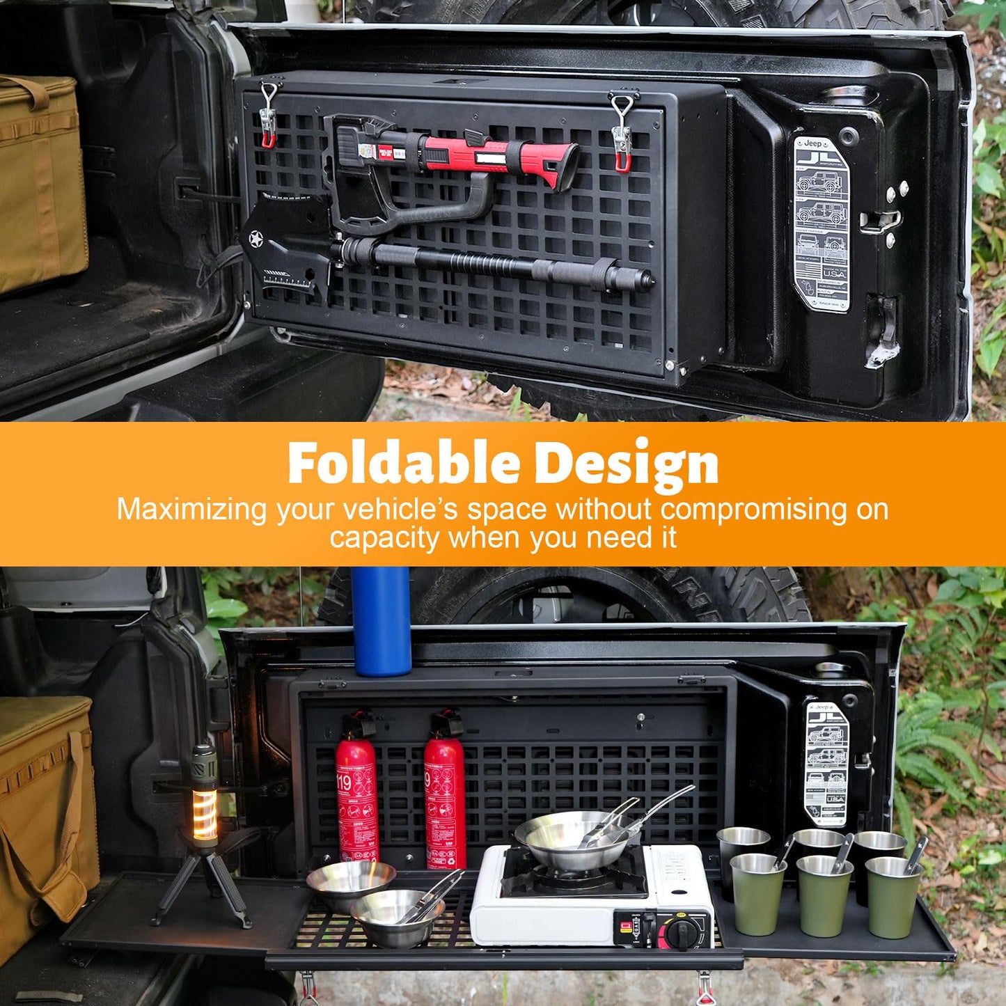 Multi-Functional Rear Foldable Table Cargo Shelf Storage Molle Panel Camping Desk (07-18 Jeep Wrangler JK JKU / 18-24 Jeep Wranger JL JLU)
