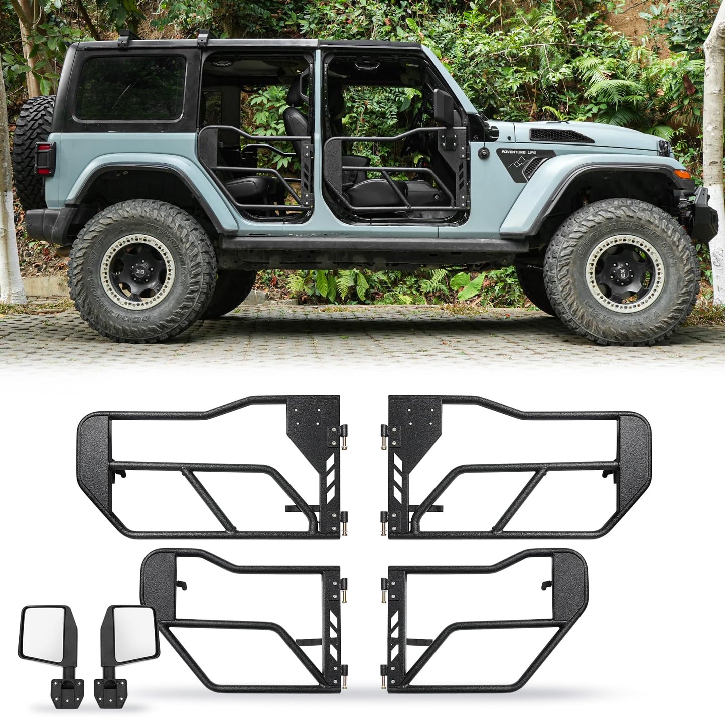 Tubular Half 4 Doors with Side View Mirrors, Off-Road Steel Doors for Summer Trail Adventure(18-24 Jeep wrangler JL JLU, 20-24 Gladiator JT)