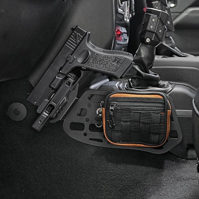 Gun Holder with Molle Panel (18-24 Jeep Wrangler JL) Polymer Fast Holster Center Console Metal Pistol Holster Available for Glock 9mm/SW40/357/G17/G19/P320