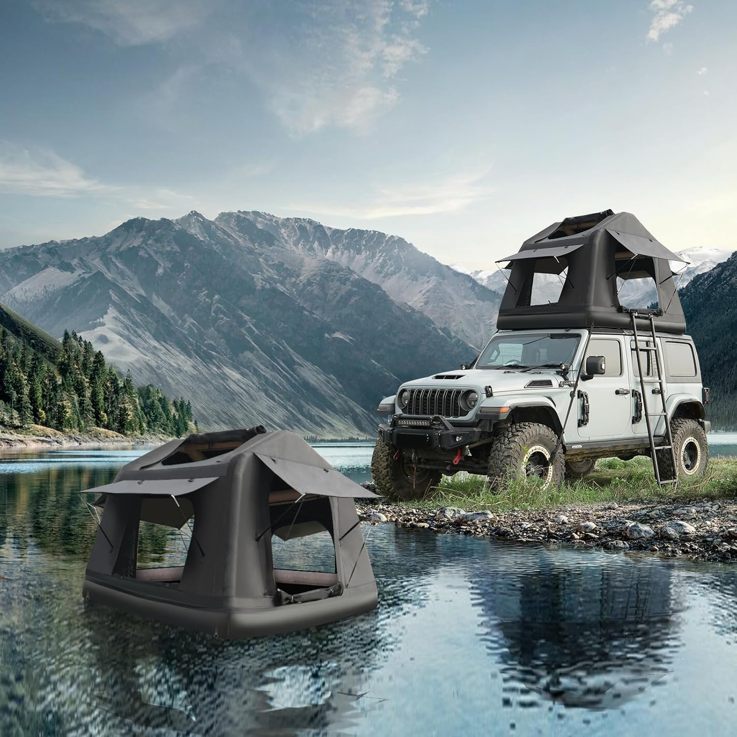 jeep with tent on top 3 in 1 Multifunctional Rooftop Overland Water Camping Inflatable Water – Maiker Offroad