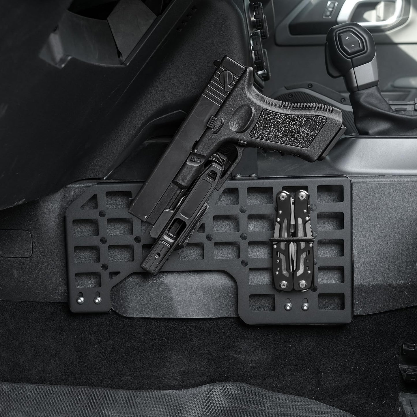 Gun Holder with Molle Panel (21-25 Ford Bronco), Polymer Fast Holster, Center Console Metal Pistol Holster Available for Glock 9mm/SW40/357/G17/G19/P320