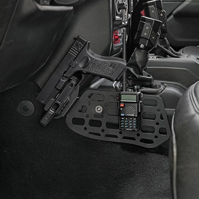 Gun Holder with Molle Panel (18-24 Jeep Wrangler JL) Polymer Fast Holster Center Console Metal Pistol Holster Available for Glock 9mm/SW40/357/G17/G19/P320