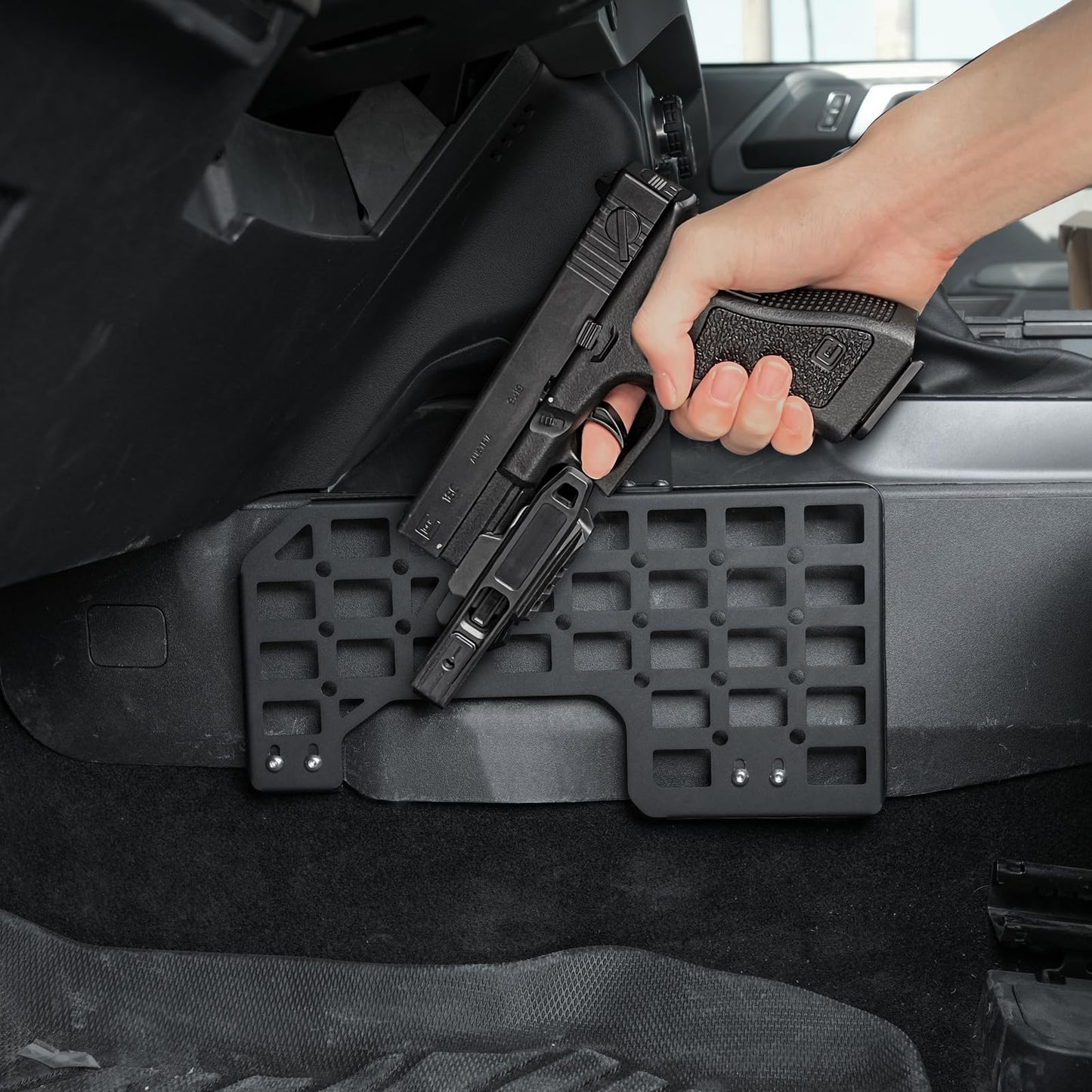 Gun Holder with Molle Panel (21-25 Ford Bronco), Polymer Fast Holster, Center Console Metal Pistol Holster Available for Glock 9mm/SW40/357/G17/G19/P320