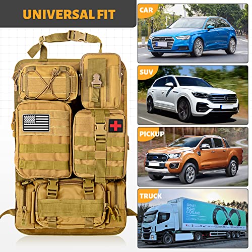 Universal Tactical Seat Back Organizer Vehicle Molle Panel Organizer  Storage Bag with 5 Detachable Molle Pouch, Khaki