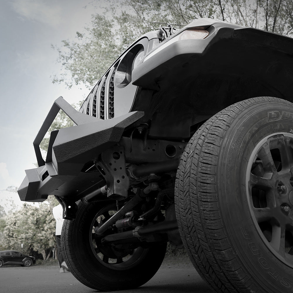 X Style Front Bumper with Winch Plate Compatible with Wrangler JK (2007-2018) Heavy Duty Black Textured Manganese Steel Construction, Perfect for On and Off-Road Used