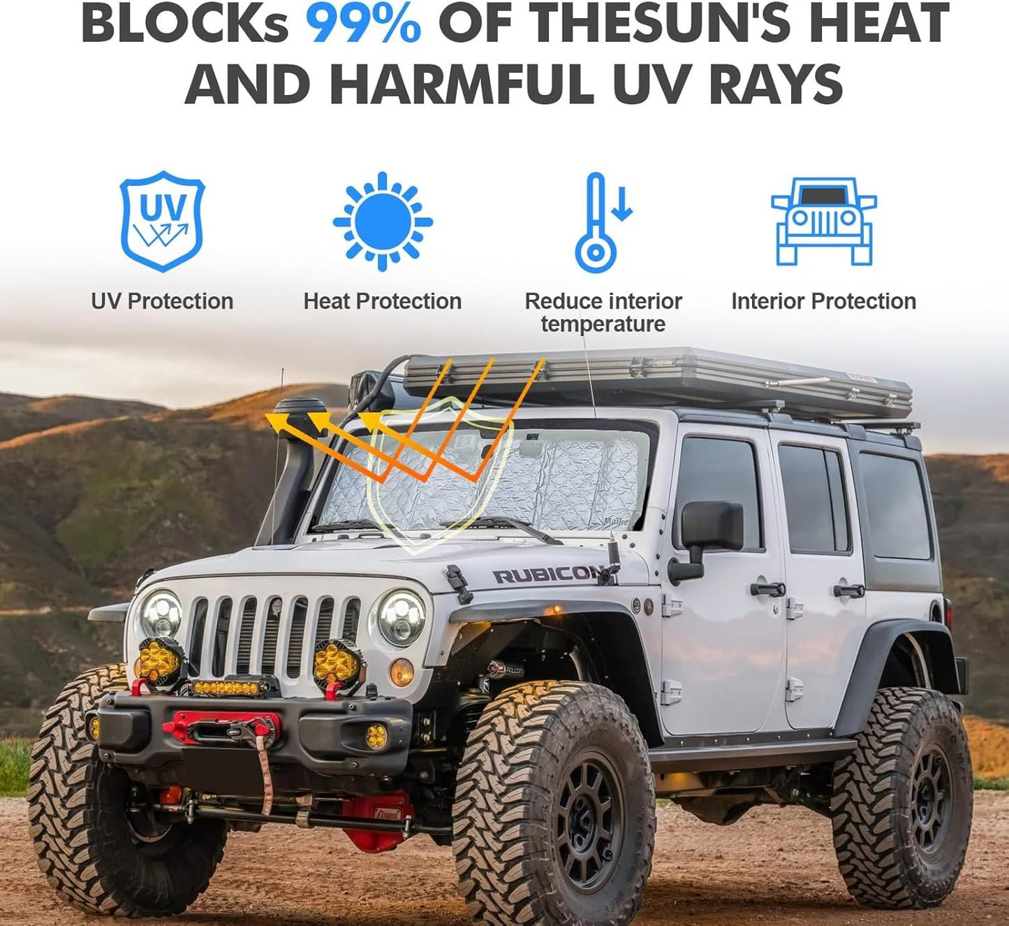 6-Layer Windshield Sun Shade Compatible with 2007-2018 Jeep Wrangler JK 2018-2025 Jeep Wrangler JL JLU & 2020-2025 Gladiator JT, Heat Shield Sun Visor for UV Ray, Foldable Windshield Cover Sun Shade with Storage Bag