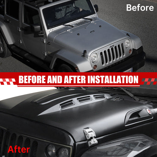 Vented Heat Dispersion Hood For J2007-2017 Jeep Wrangler JK JKU Unlimited Rubicon, The Avenger Style Steel Hood Replacement Black