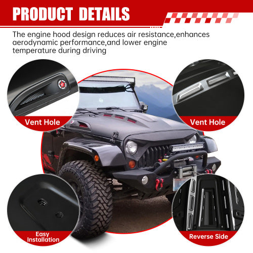 Vented Heat Dispersion Hood For J2007-2017 Jeep Wrangler JK JKU Unlimited Rubicon, The Avenger Style Steel Hood Replacement Black