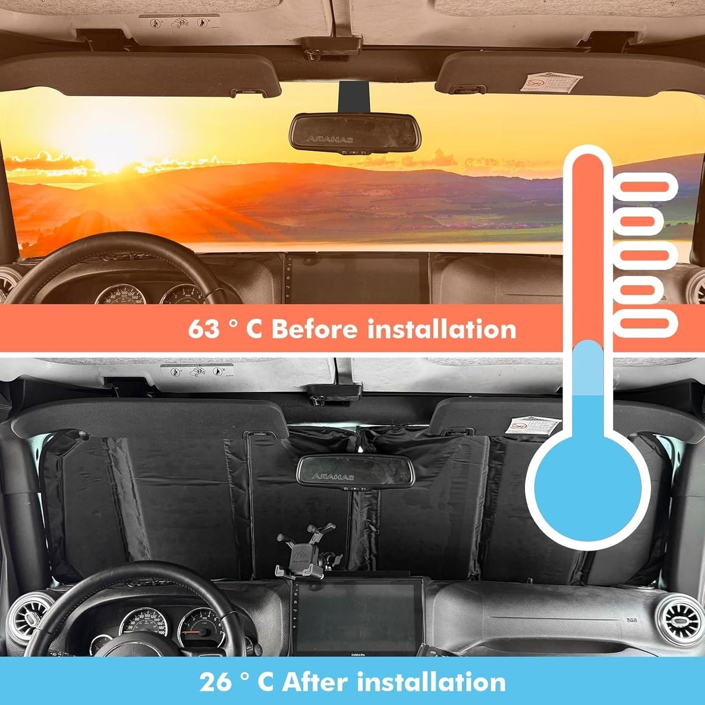 6-Layer Windshield Sun Shade Compatible with 2007-2018 Jeep Wrangler JK 2018-2025 Jeep Wrangler JL JLU & 2020-2025 Gladiator JT, Heat Shield Sun Visor for UV Ray, Foldable Windshield Cover Sun Shade with Storage Bag