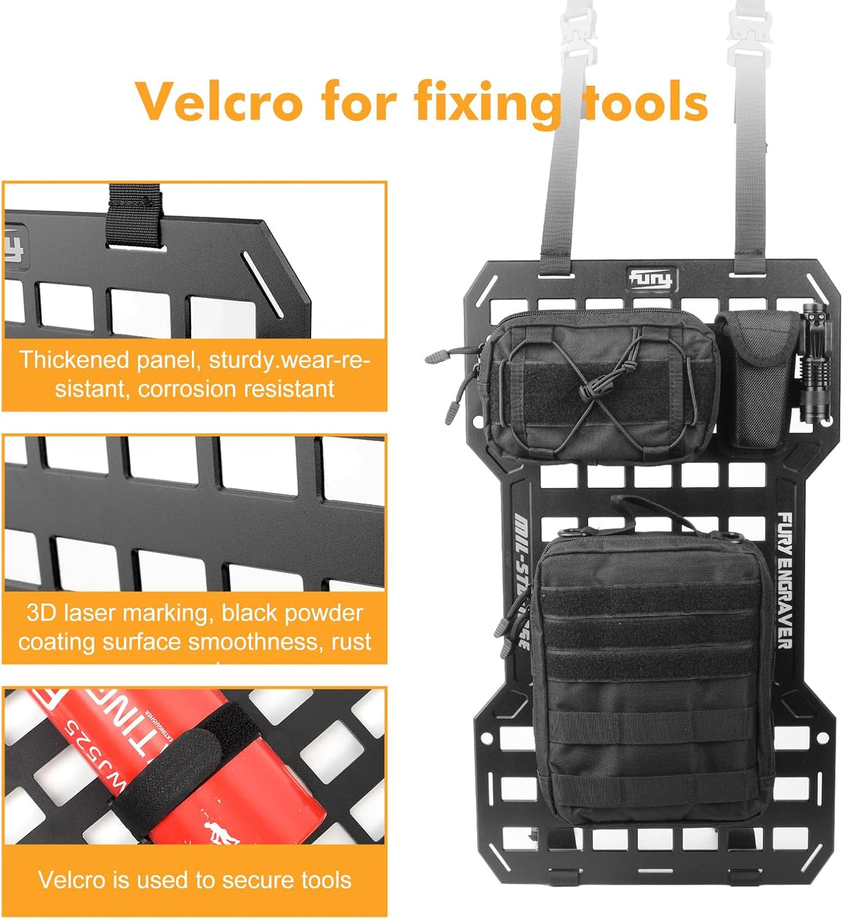 Rigid Molle Panels For Vehicles Truck Mount Rack Panel Tactical Seat Back Organizer with 2 Organizer Storage Bag, 1 Multi-tool Pliers, 1 Flashlight and 5 Fastening Tape