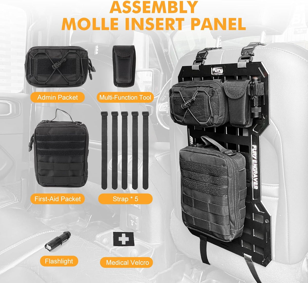 Rigid Molle Panels For Vehicles Truck Mount Rack Panel Tactical Seat Back Organizer with 2 Organizer Storage Bag, 1 Multi-tool Pliers, 1 Flashlight and 5 Fastening Tape