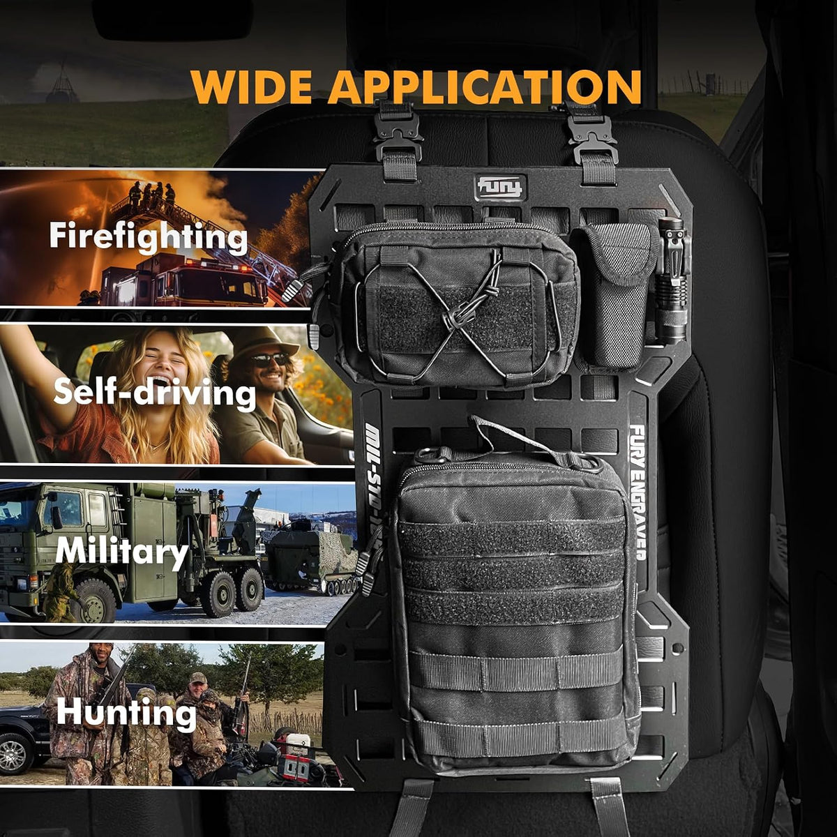 Rigid Molle Panels For Vehicles Truck Mount Rack Panel Tactical Seat Back Organizer with 2 Organizer Storage Bag, 1 Multi-tool Pliers, 1 Flashlight and 5 Fastening Tape
