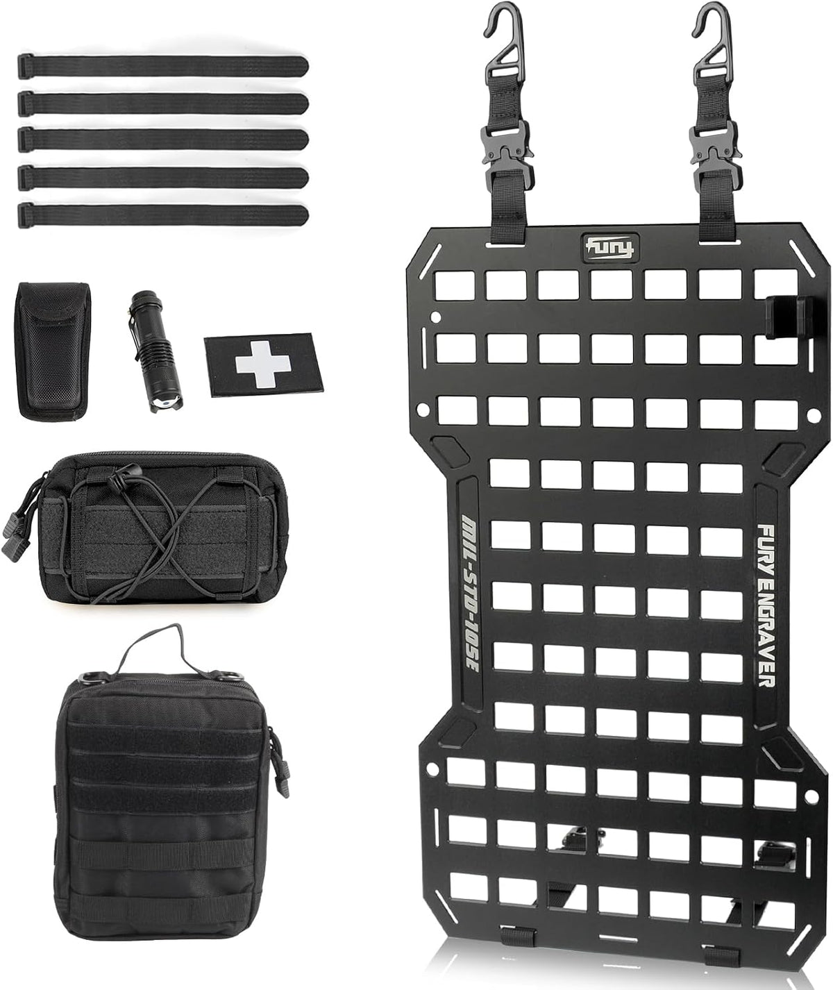 Rigid Molle Panels For Vehicles Truck Mount Rack Panel Tactical Seat Back Organizer with 2 Organizer Storage Bag, 1 Multi-tool Pliers, 1 Flashlight and 5 Fastening Tape