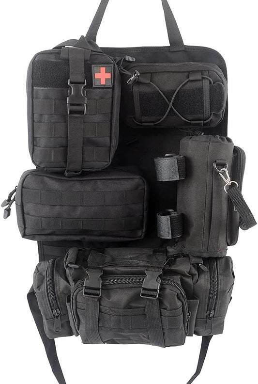 LED Auto Seat Back Organizer Bag,Car Back Seat Organizer Kick Mat with 5 Storage Packets-3 Toolkits &1 Medical Kit&1 Water Cup Bag Compatible with All Vehicel