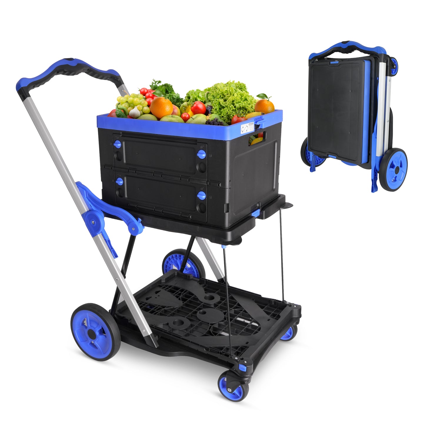 2-Tier Folding Cart Multi Use Functional Collapsible carts Shopping Trolley with Wheels Shopping Cart with Storage Crate Utility Cart for Groceries Warehouse Supermarket